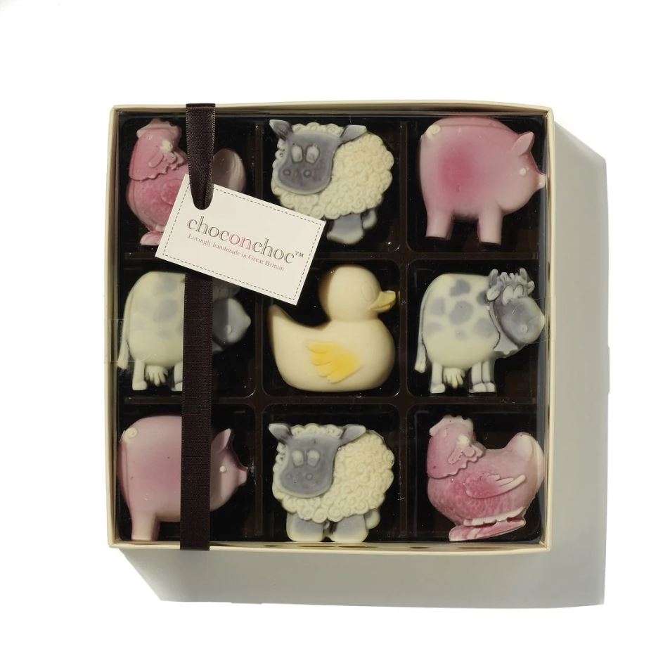 Handmade white and dark chocolate farmyard box - 15x15x3.5cm