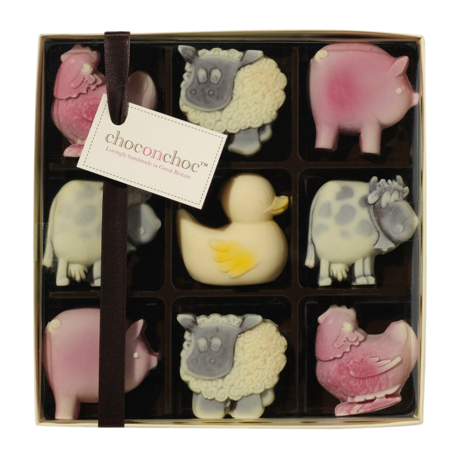 Handmade white and dark chocolate farmyard box - 15x15x3.5cm