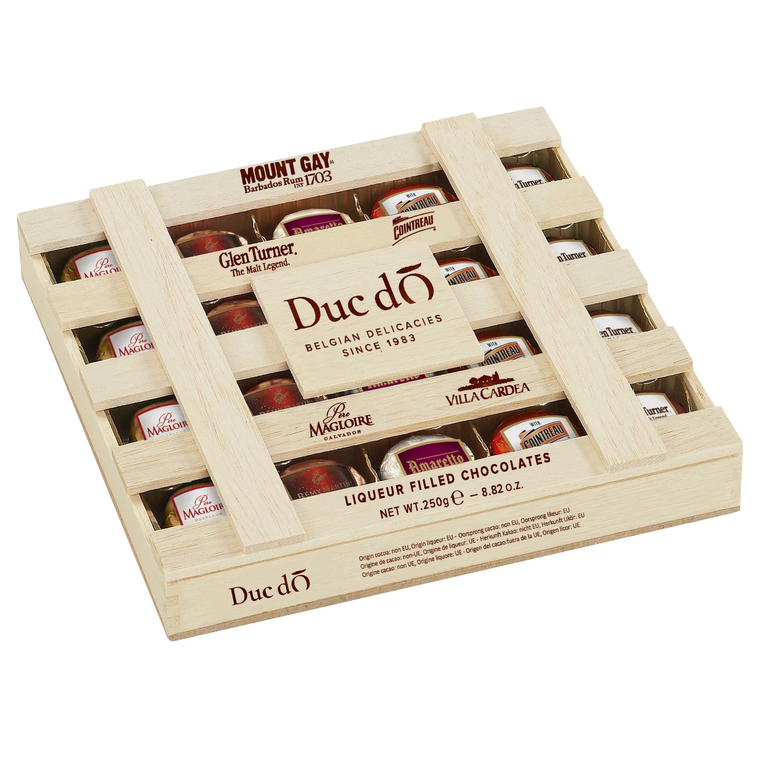 Duc d'O Wooden Crate of Assorted Liqueur Filled Chocolate With Sugar Crust - 8x250g