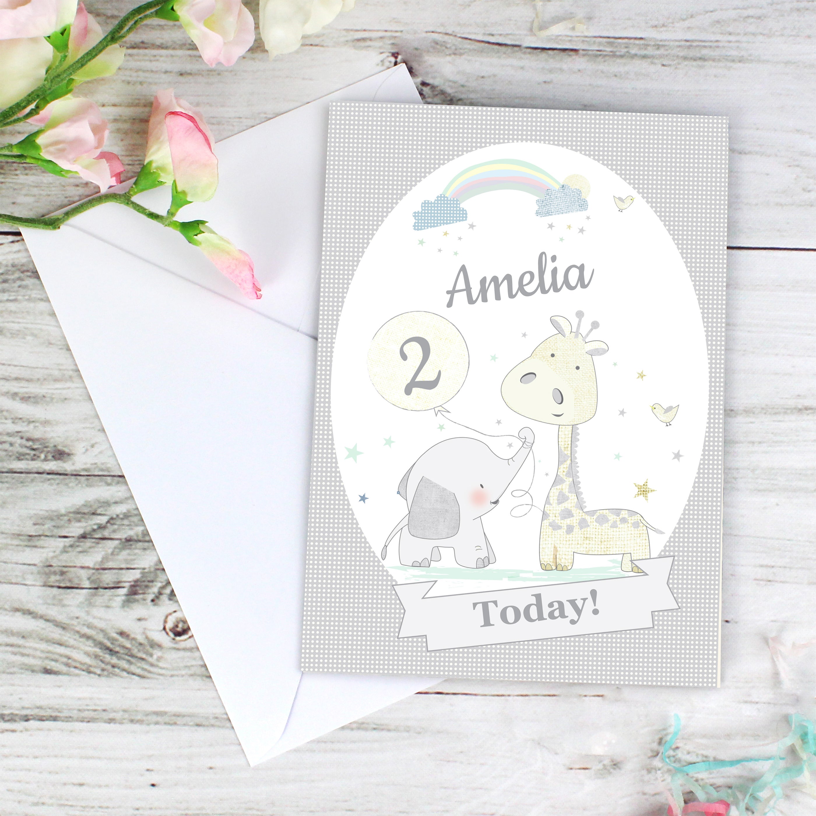 Personalised Hessian Giraffe & Elephant Card