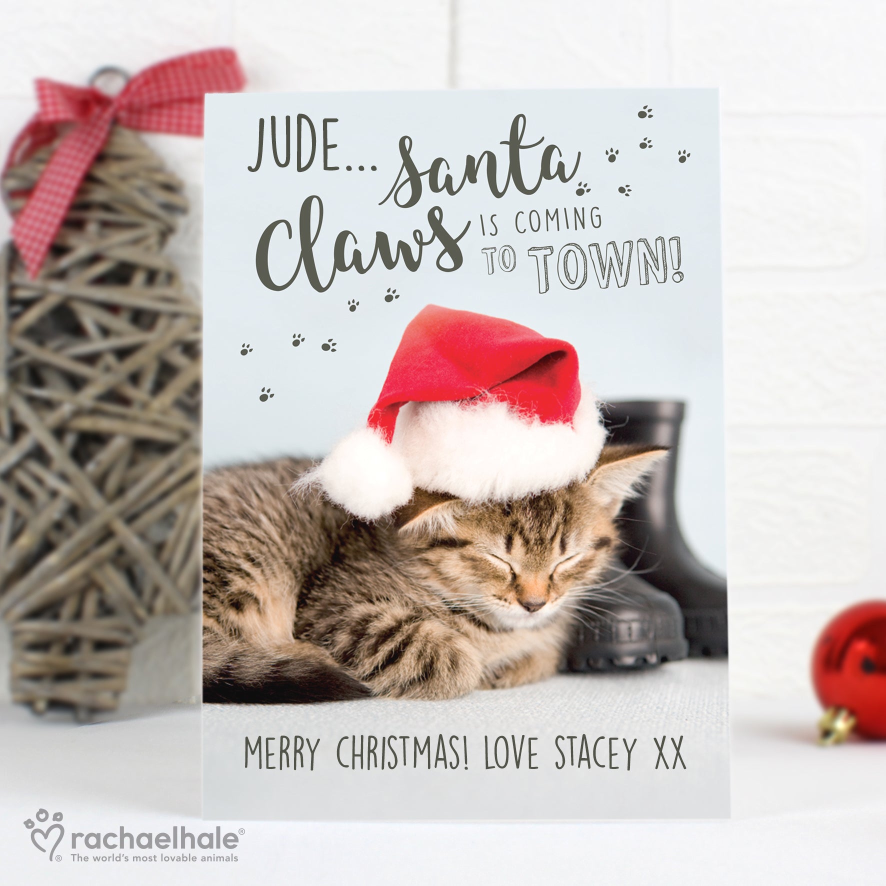 Personalised Rachael Hale Santa Claws Christmas Cat Card