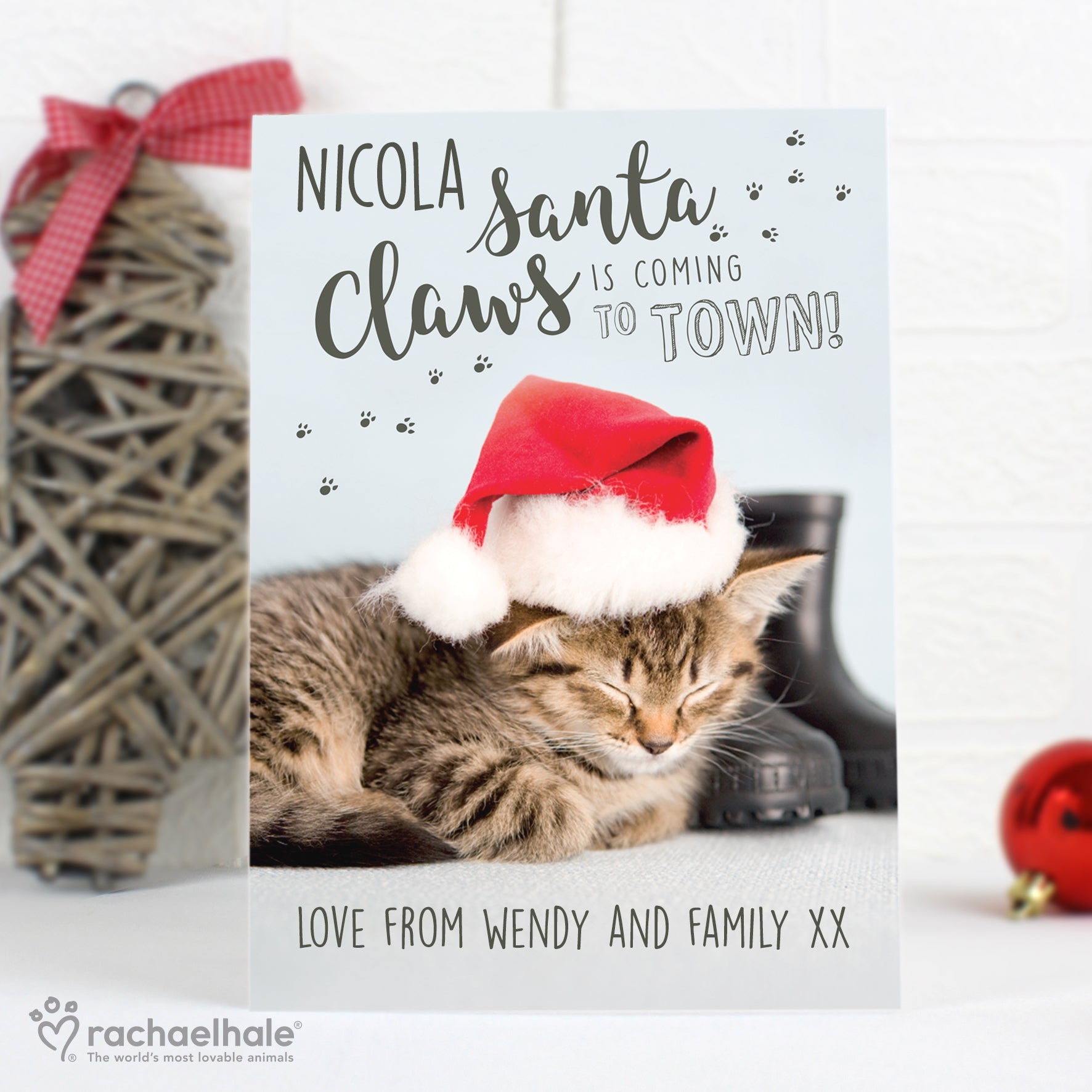 Personalised Rachael Hale Santa Claws Christmas Cat Card