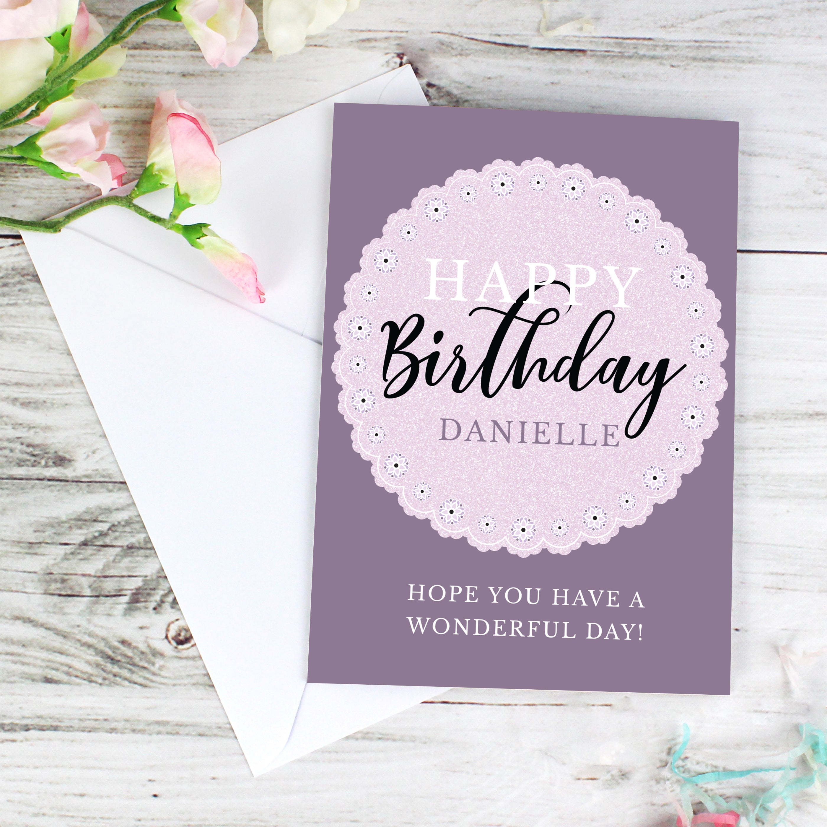 Personalised Lilac Lace Birthday Card