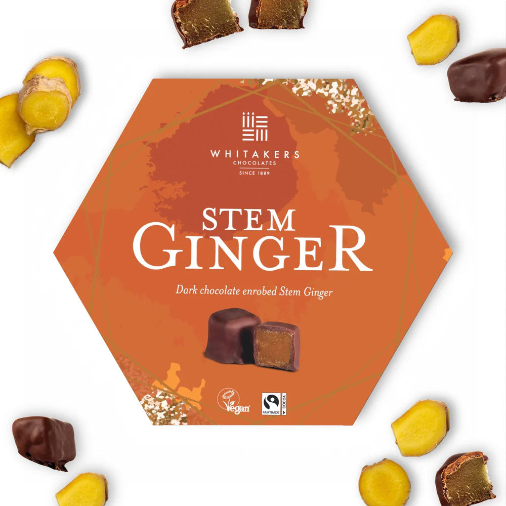 Whitakers Dark Chocolate Covered Stem Ginger in Hexagon Box