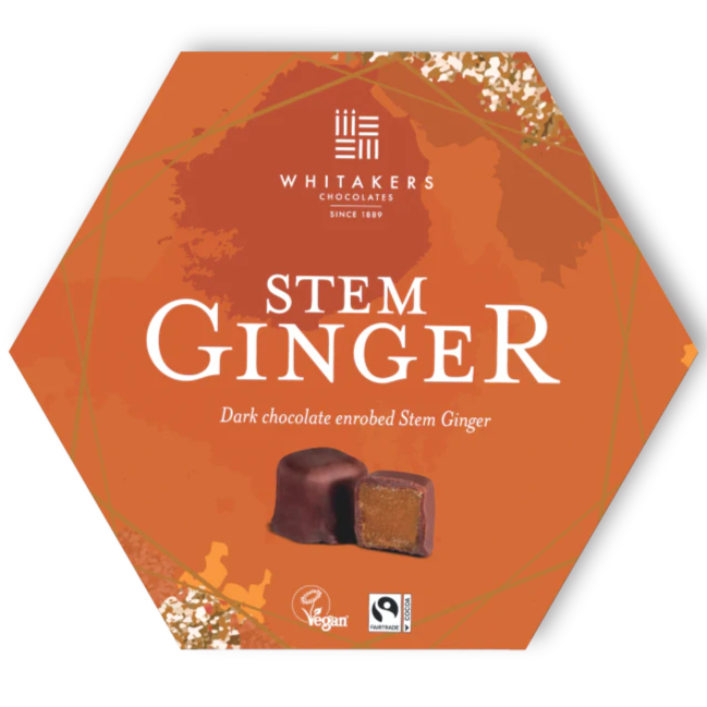 Whitakers Dark Chocolate Covered Stem Ginger in Hexagon Box