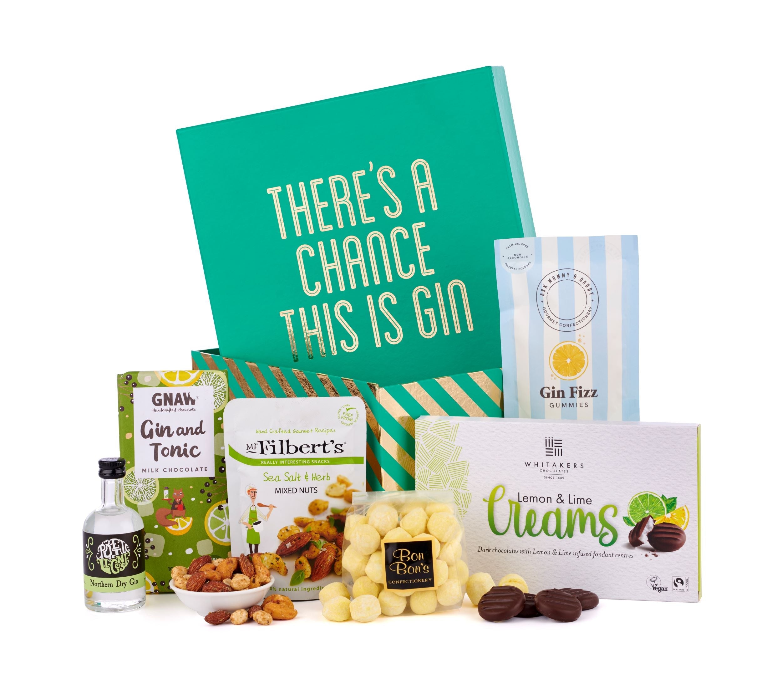 A shiny green and golden gift box with "There's A Chance This Is Gin" written upon it. This is surrounded by a Gin & Tonic chocolate bar, lemon & lime creams, bon bon's, gin fix dummies and more treats around the centre point of a bottle of Northern Dry Gin by Poetic License.