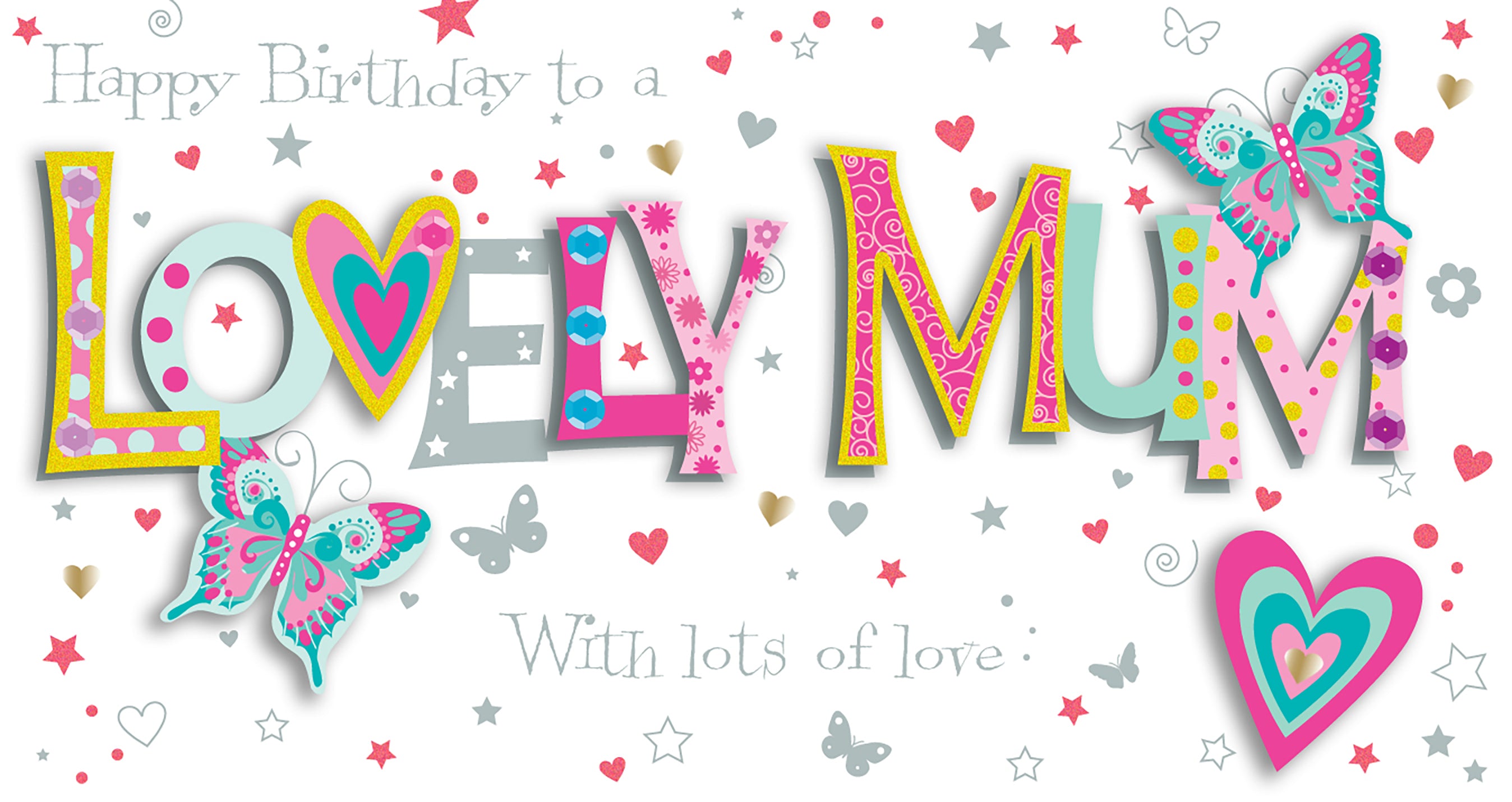 Mum Birthday Card - Colourful Decoupage Word Art - Butterfly and Heart