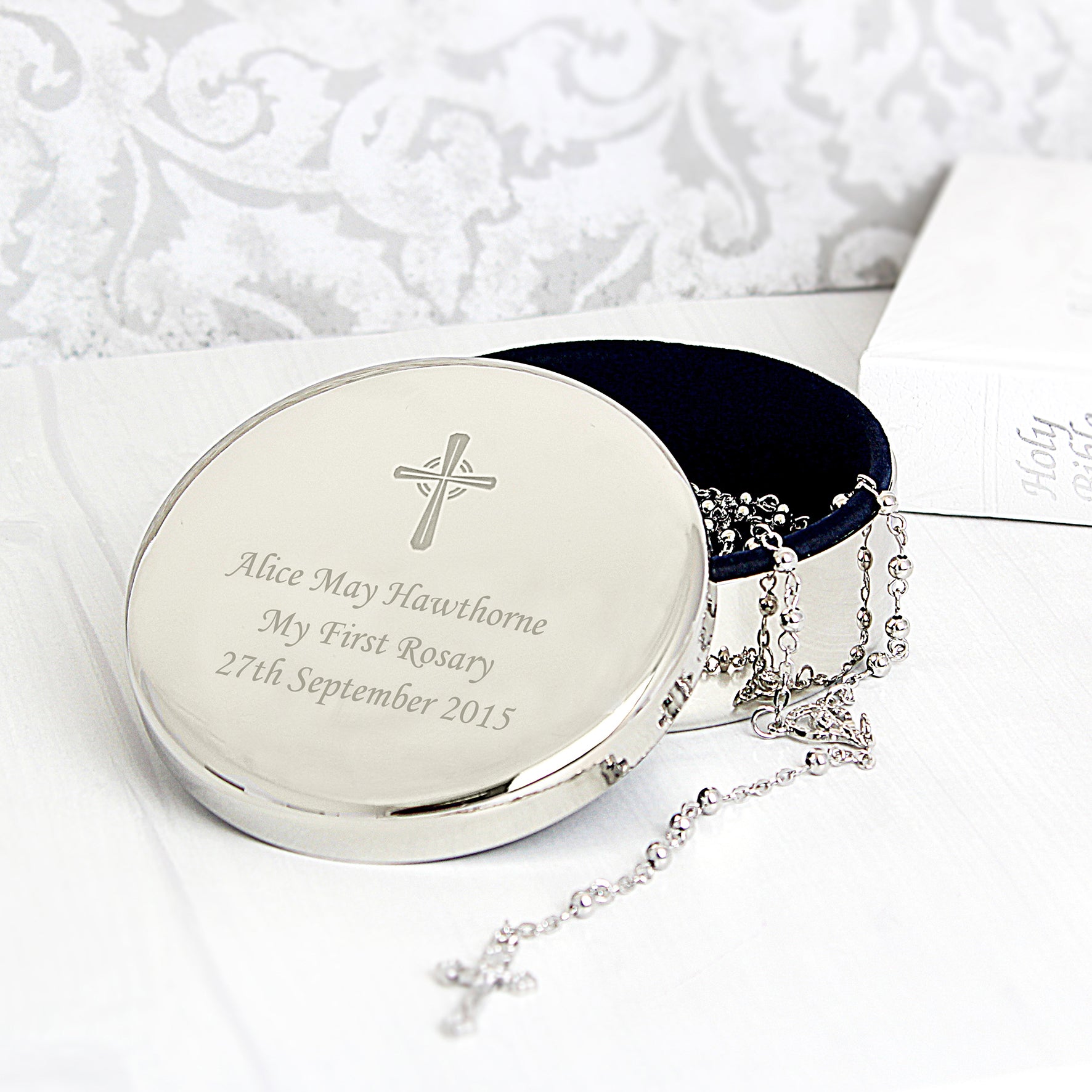 Personalised Rosary Beads and Cross Round Trinket Box