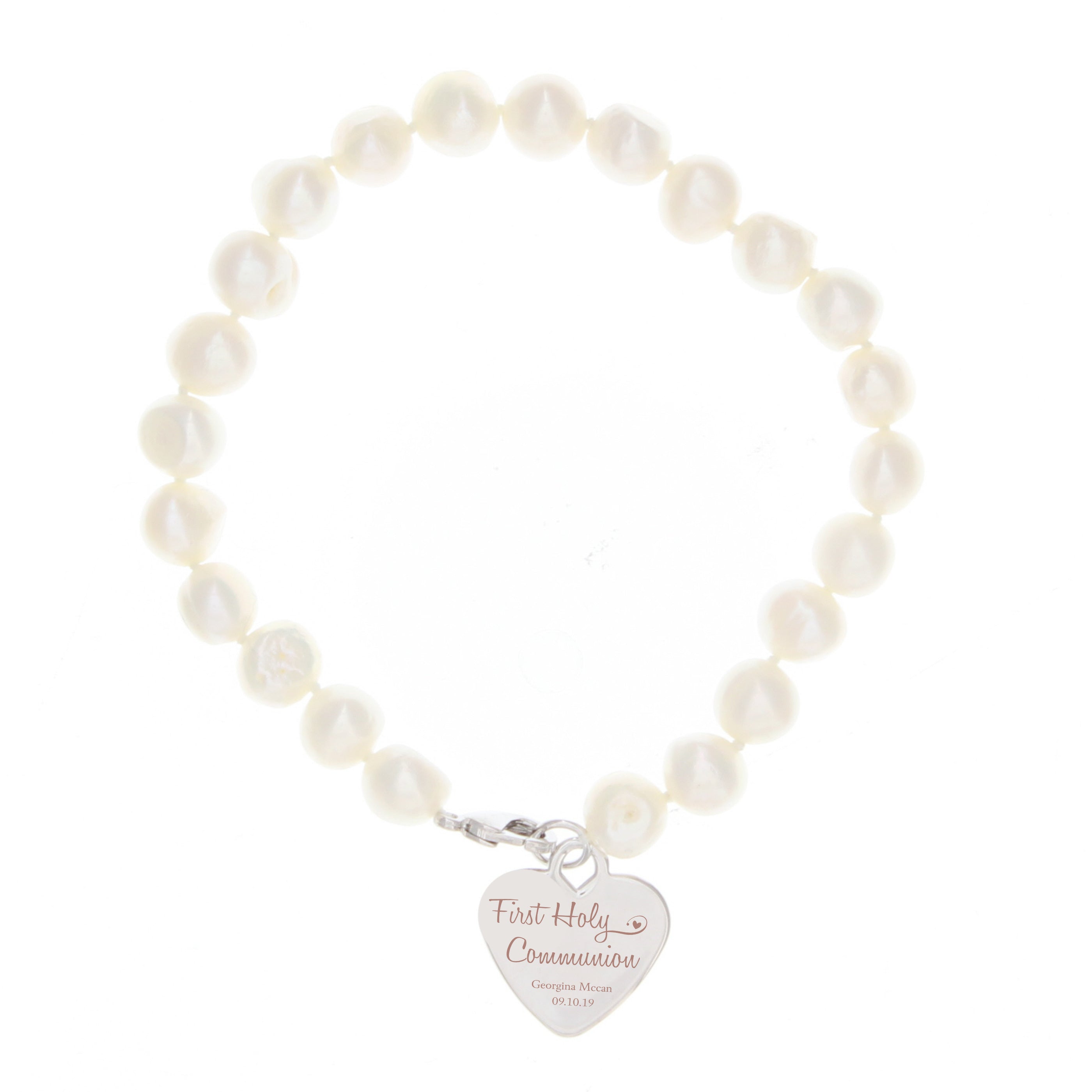 Personalised First Holy Communion Swirls & Hearts White Freshwater Pearl Bracelet