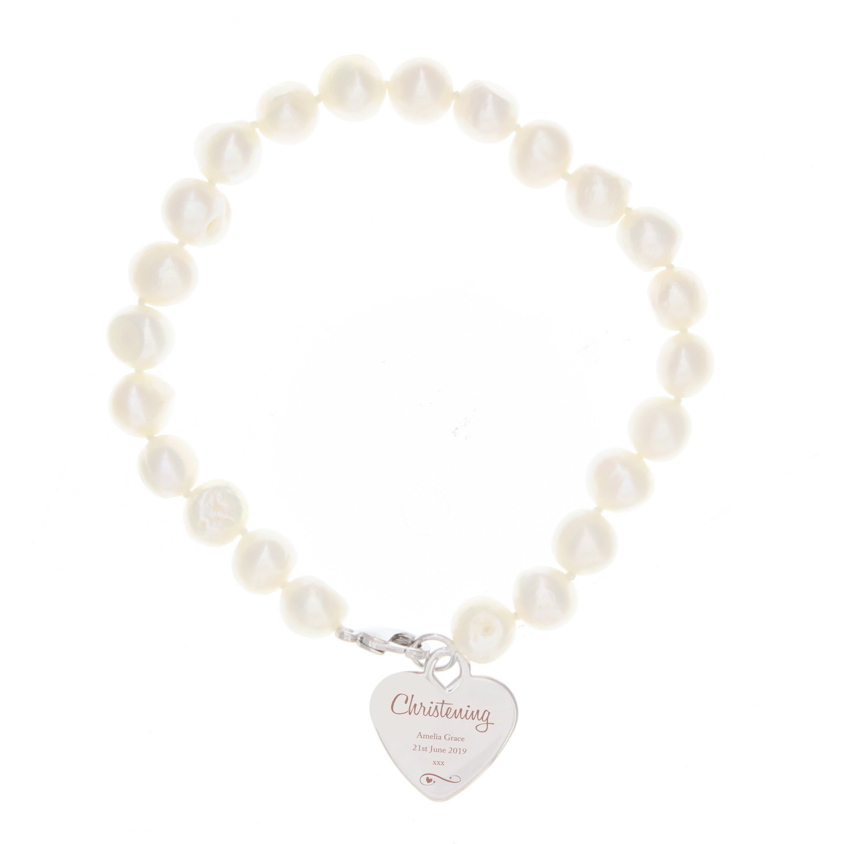 Personalised Christening Swirls & Hearts White Freshwater Pearl Bracelet