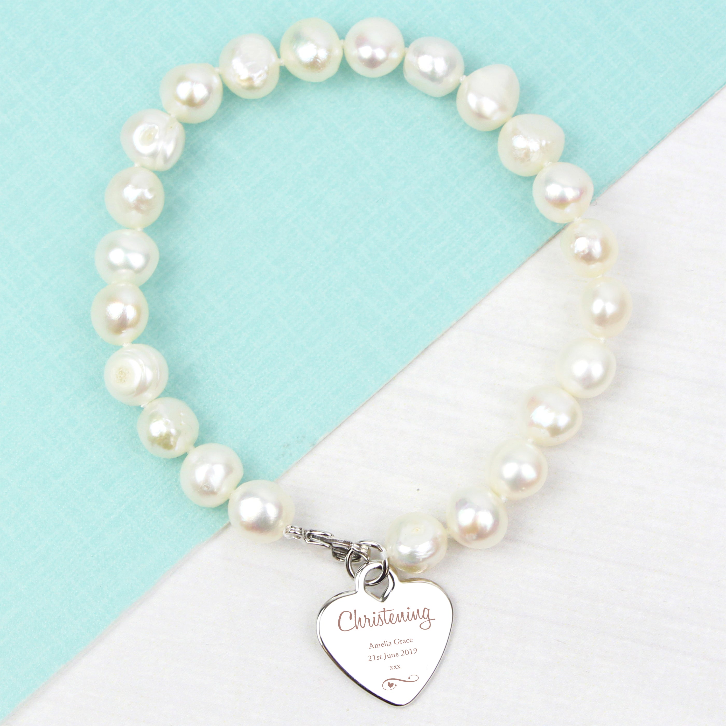 Personalised Christening Swirls & Hearts White Freshwater Pearl Bracelet