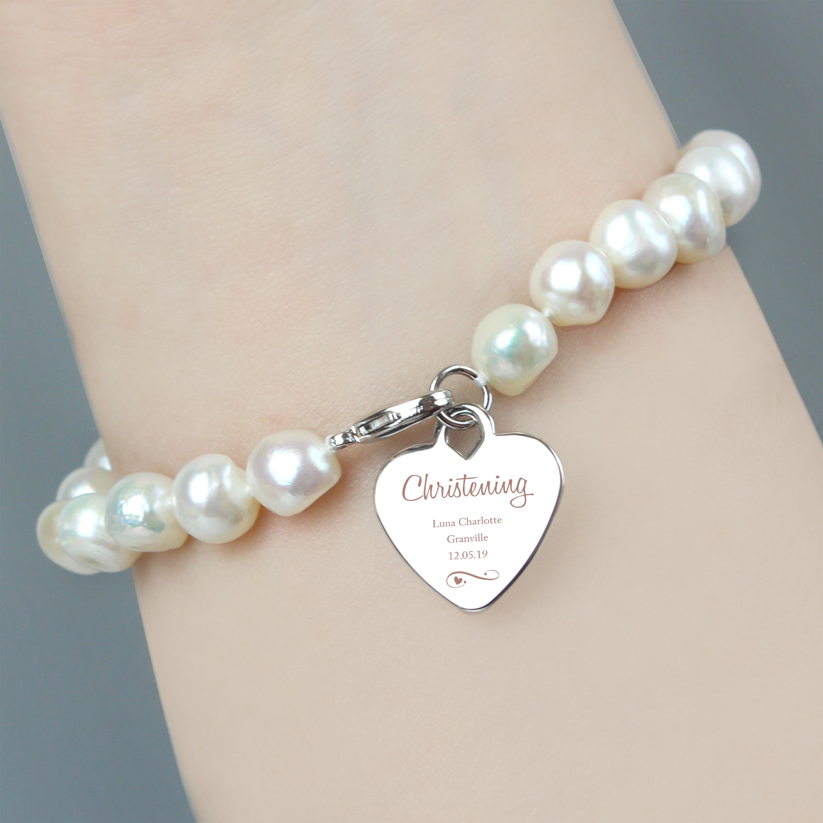 Personalised Christening Swirls & Hearts White Freshwater Pearl Bracelet