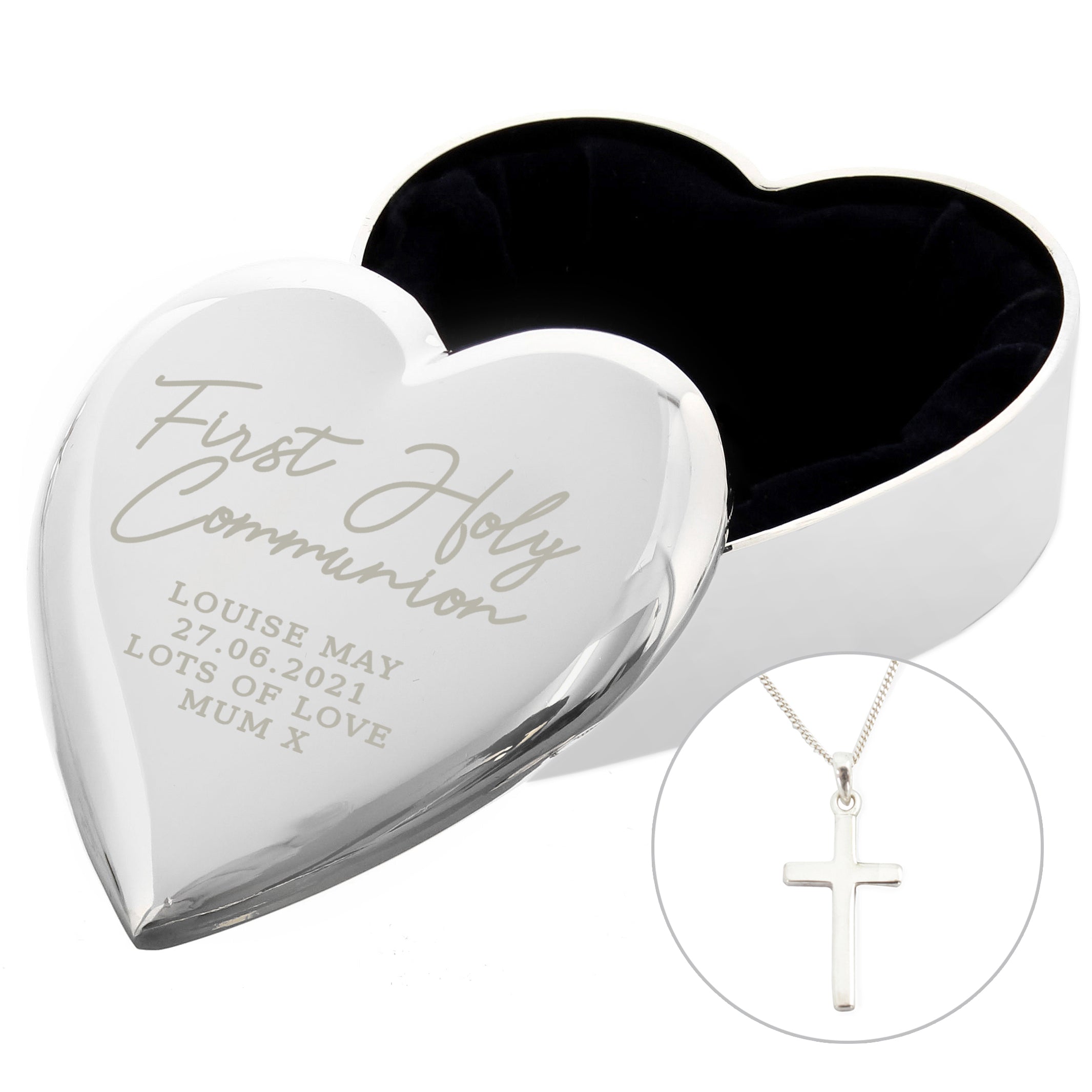 Personalised First Holy Communion Heart Trinket Box & Cross Necklace Set