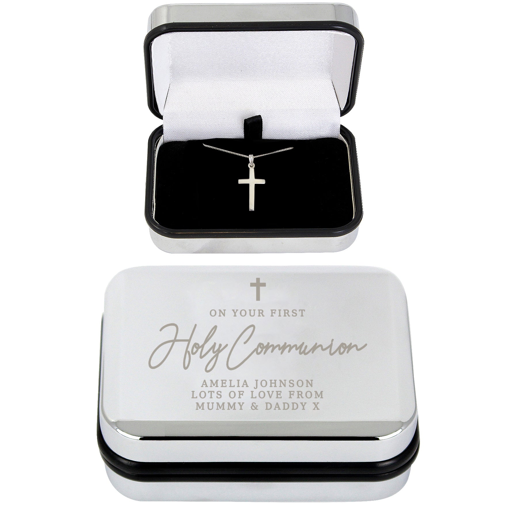 Personalised First Holy Communion Box & Cross Necklace Set