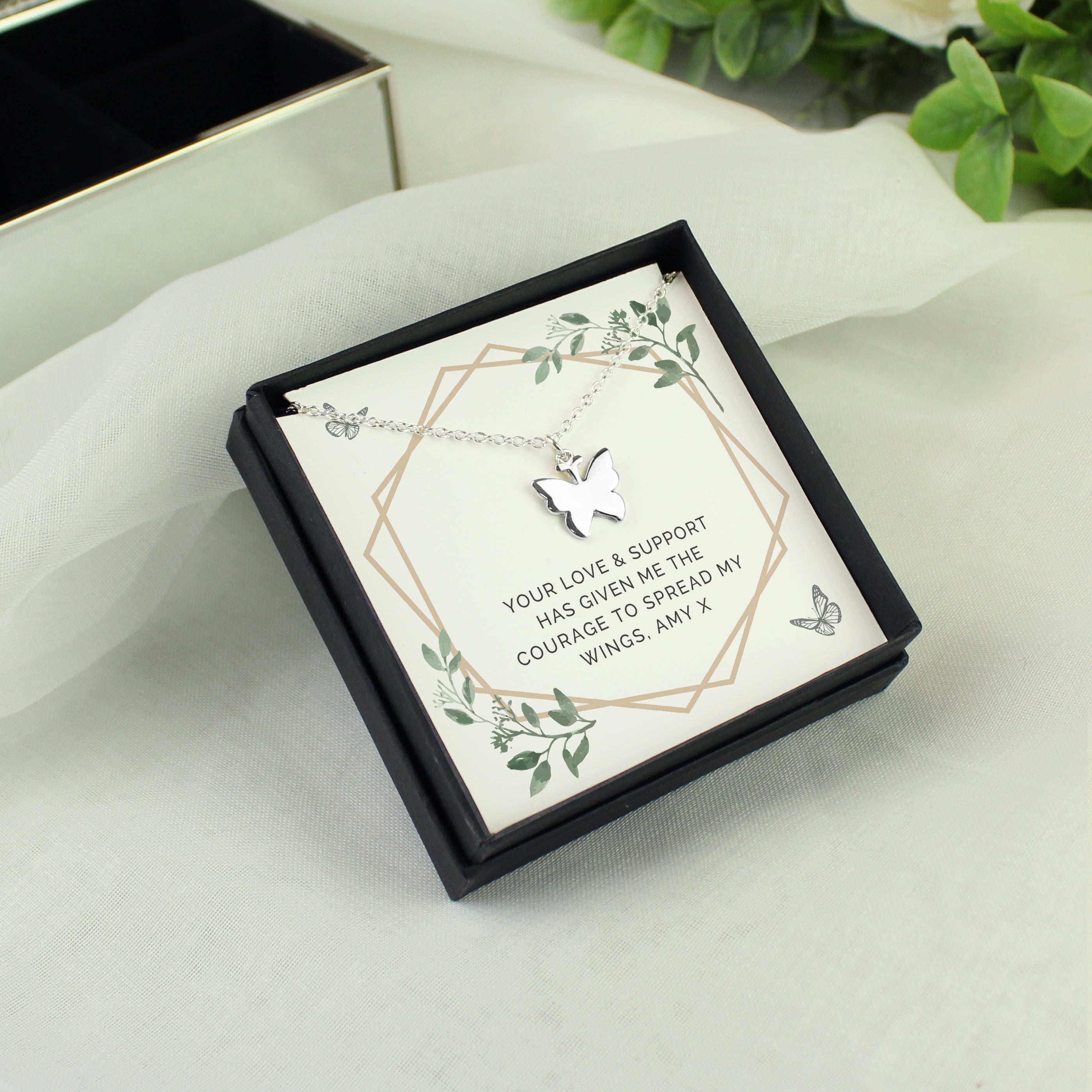 Personalised Botanical Sentiment Butterfly  Necklace and Box