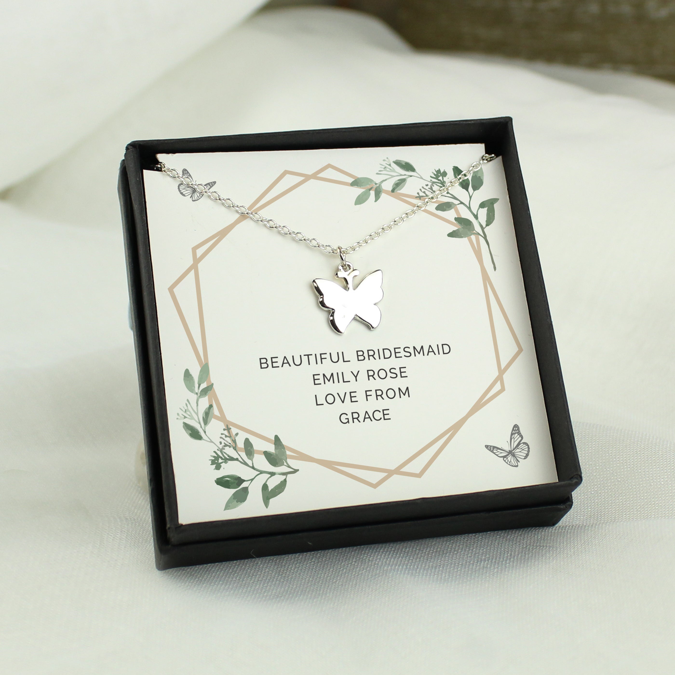 Personalised Botanical Sentiment Butterfly  Necklace and Box