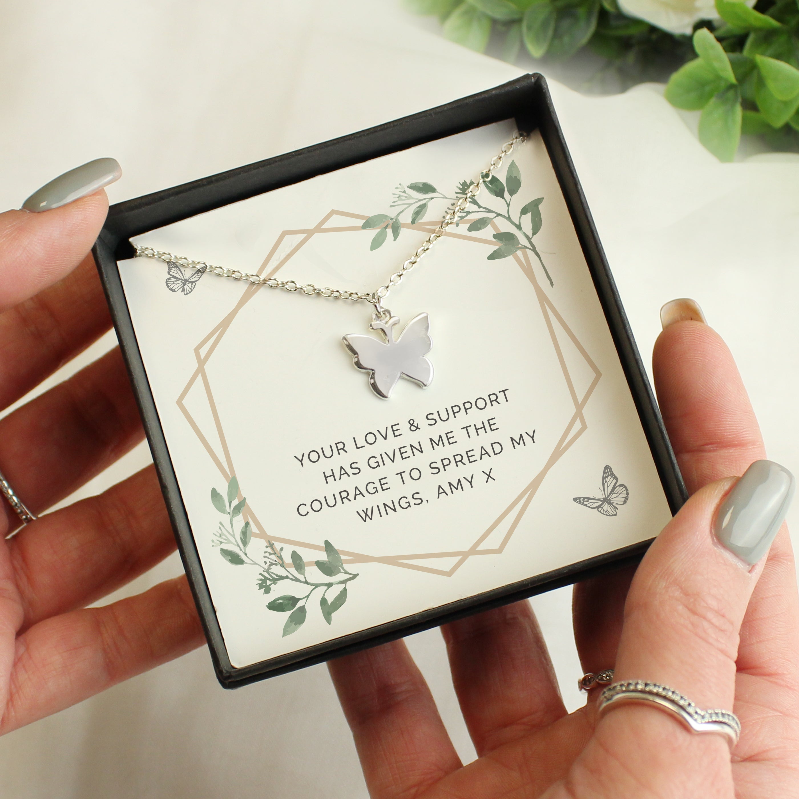 Personalised Botanical Sentiment Butterfly  Necklace and Box