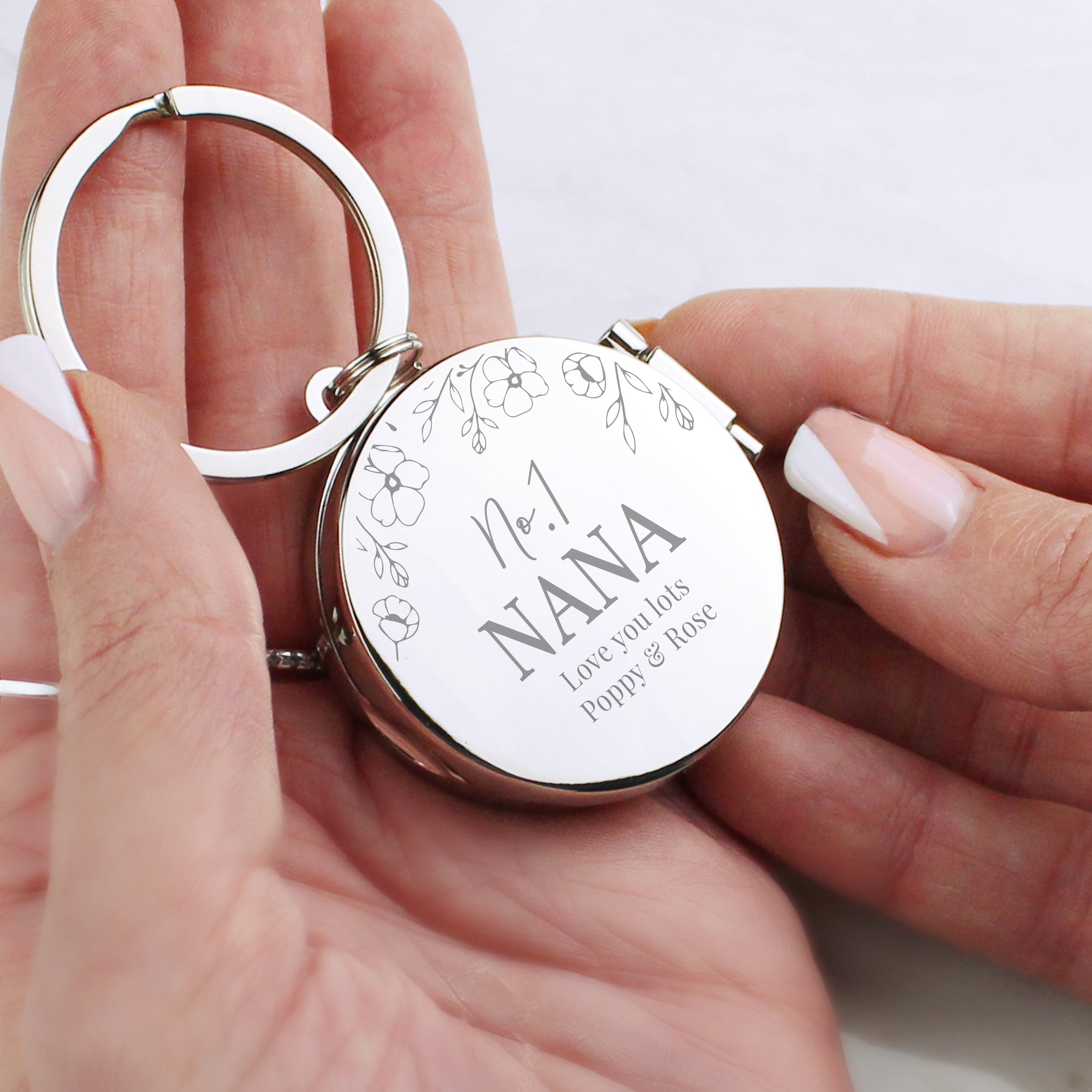 Personalised Floral Round Photo Frame Keyring