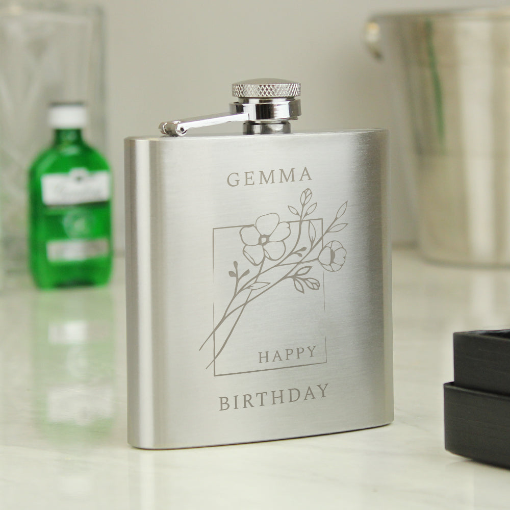 Personalised Monochrome Floral Hip Flask