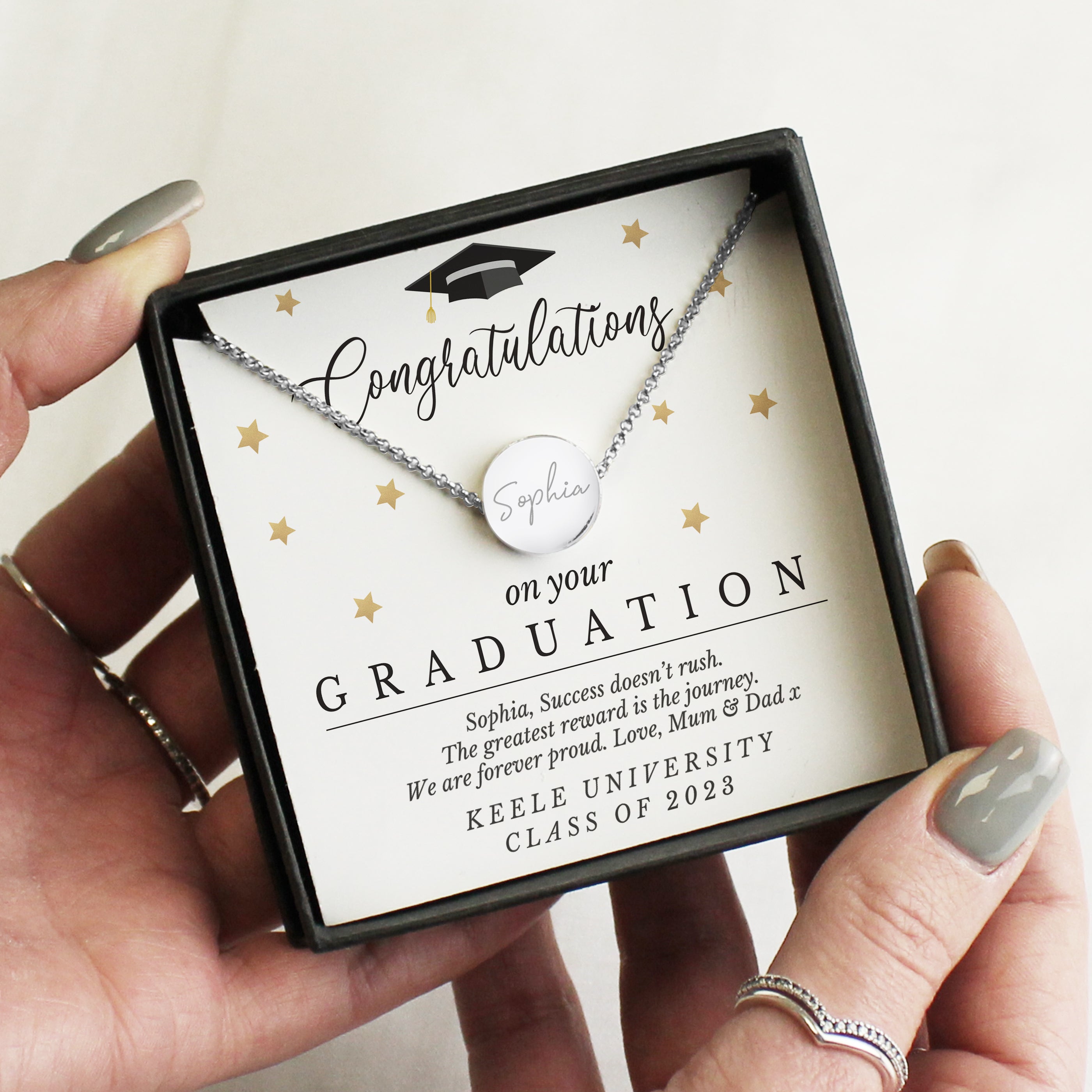 Personalised Graduation Sentiment Silver Tone Necklace and Box