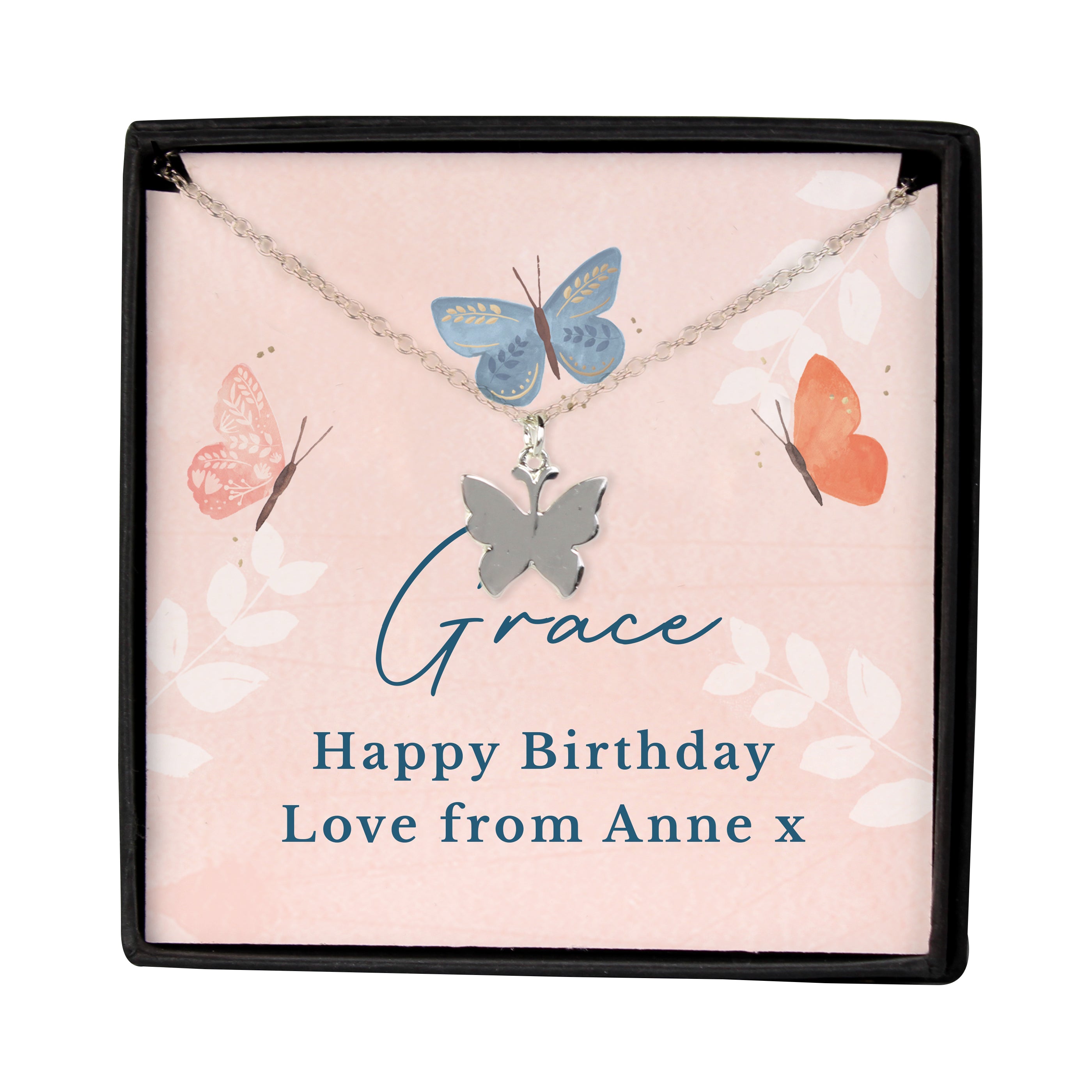 Personalised Hotchpotch Butterfly Sentiment Necklace and Box