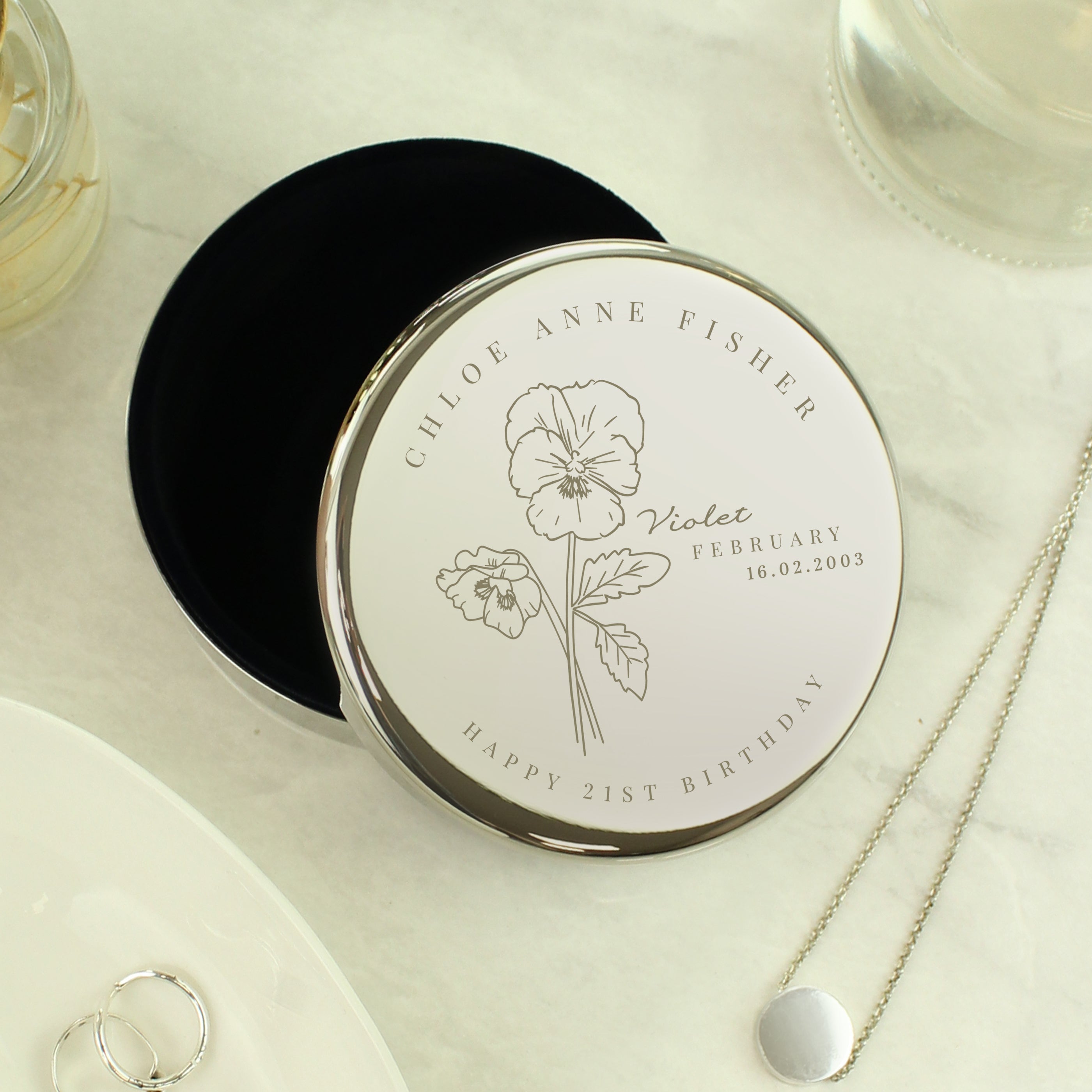 Personalised February Birth Flower Round Trinket Box