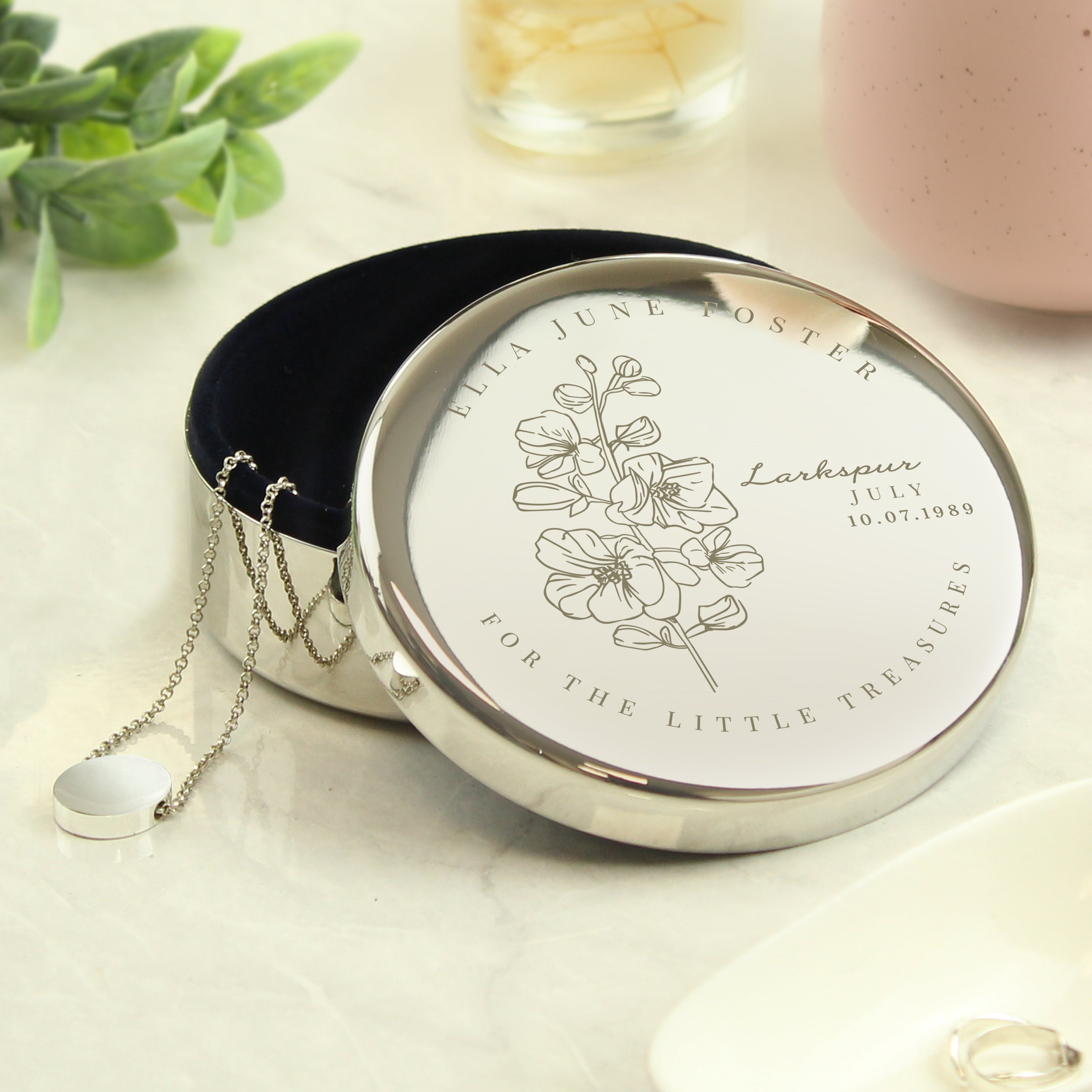 Personalised July Birth Flower Round Trinket Box