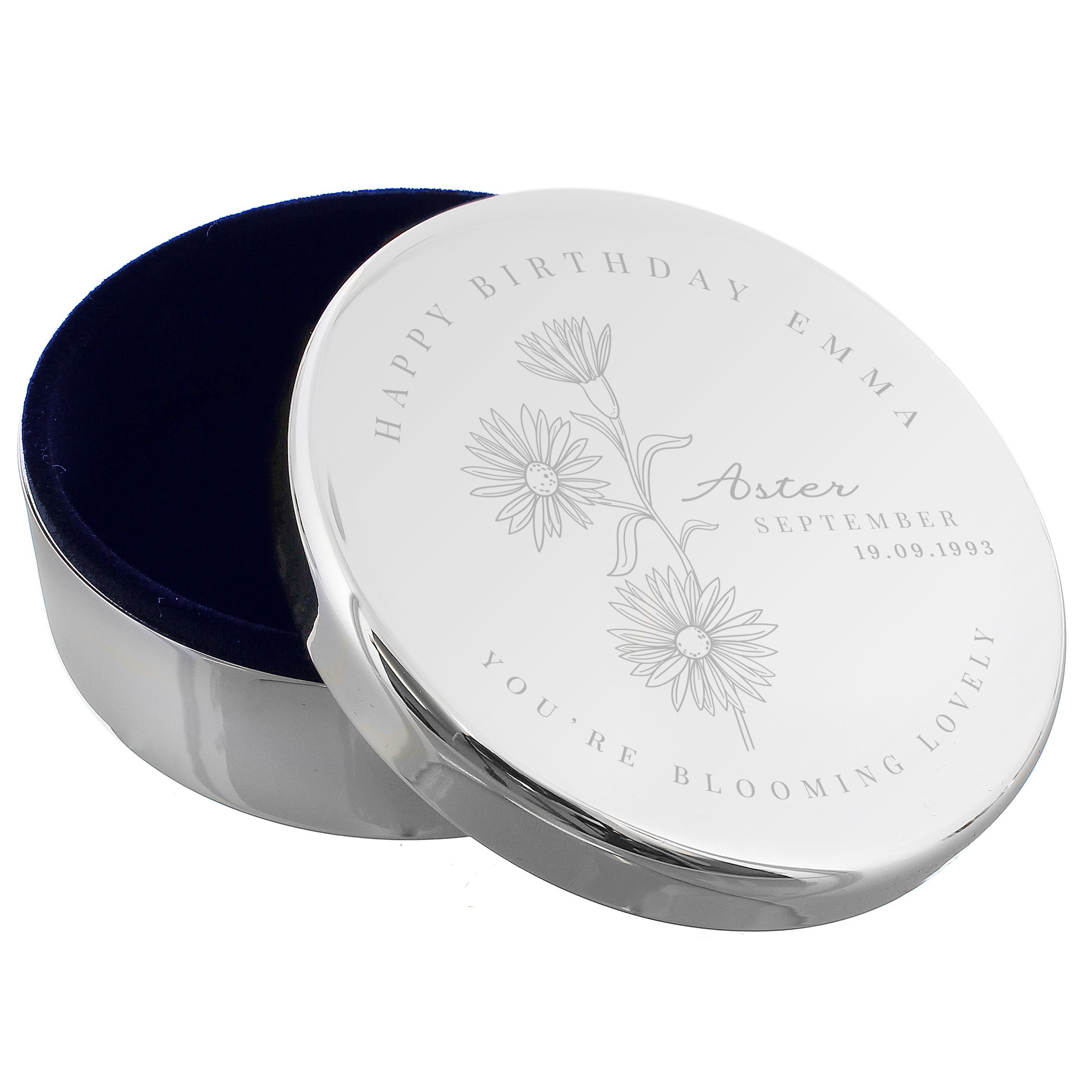 Personalised September Birth Flower Round Trinket Box