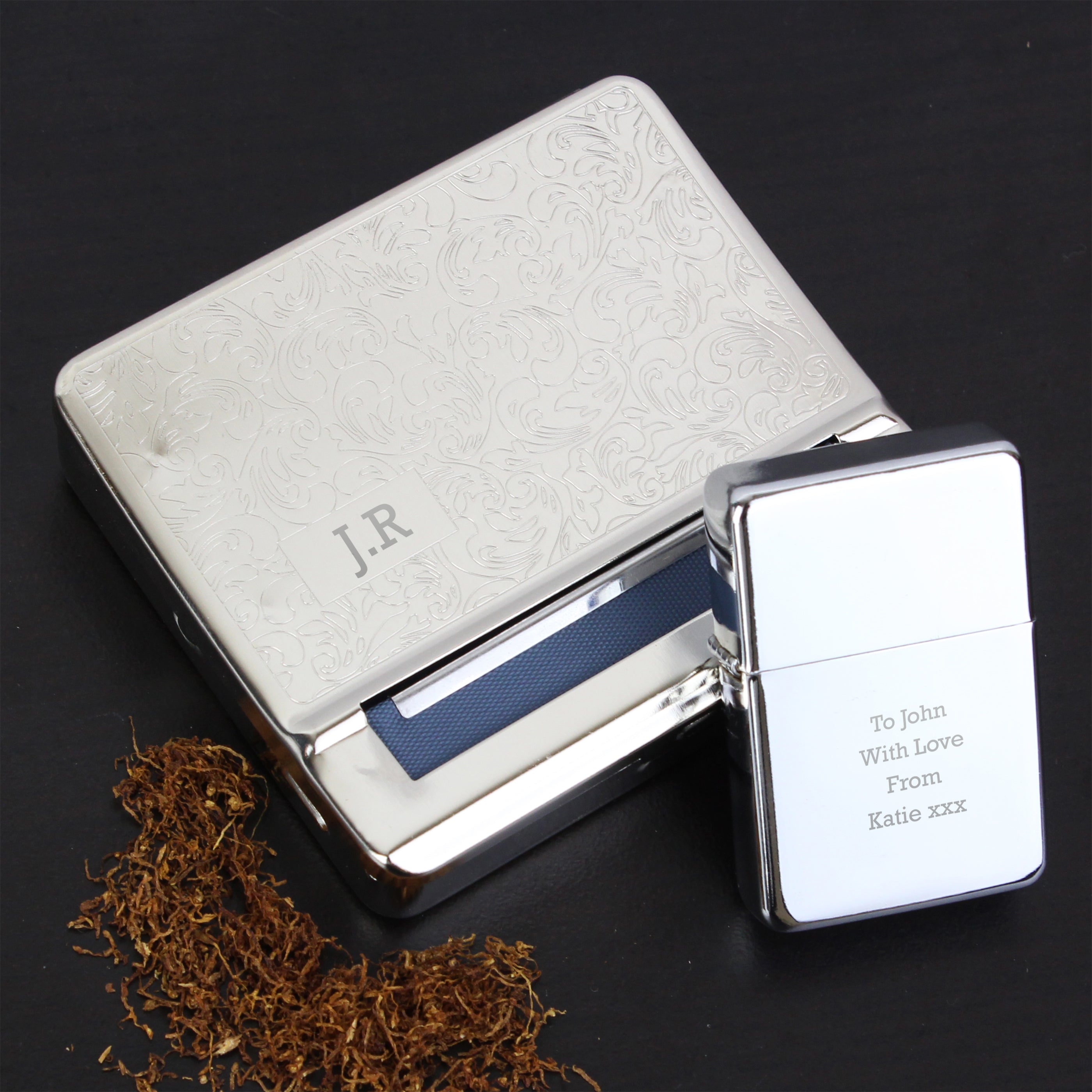 Personalised Tobacco Rolling Tin and Silver Lighter Set