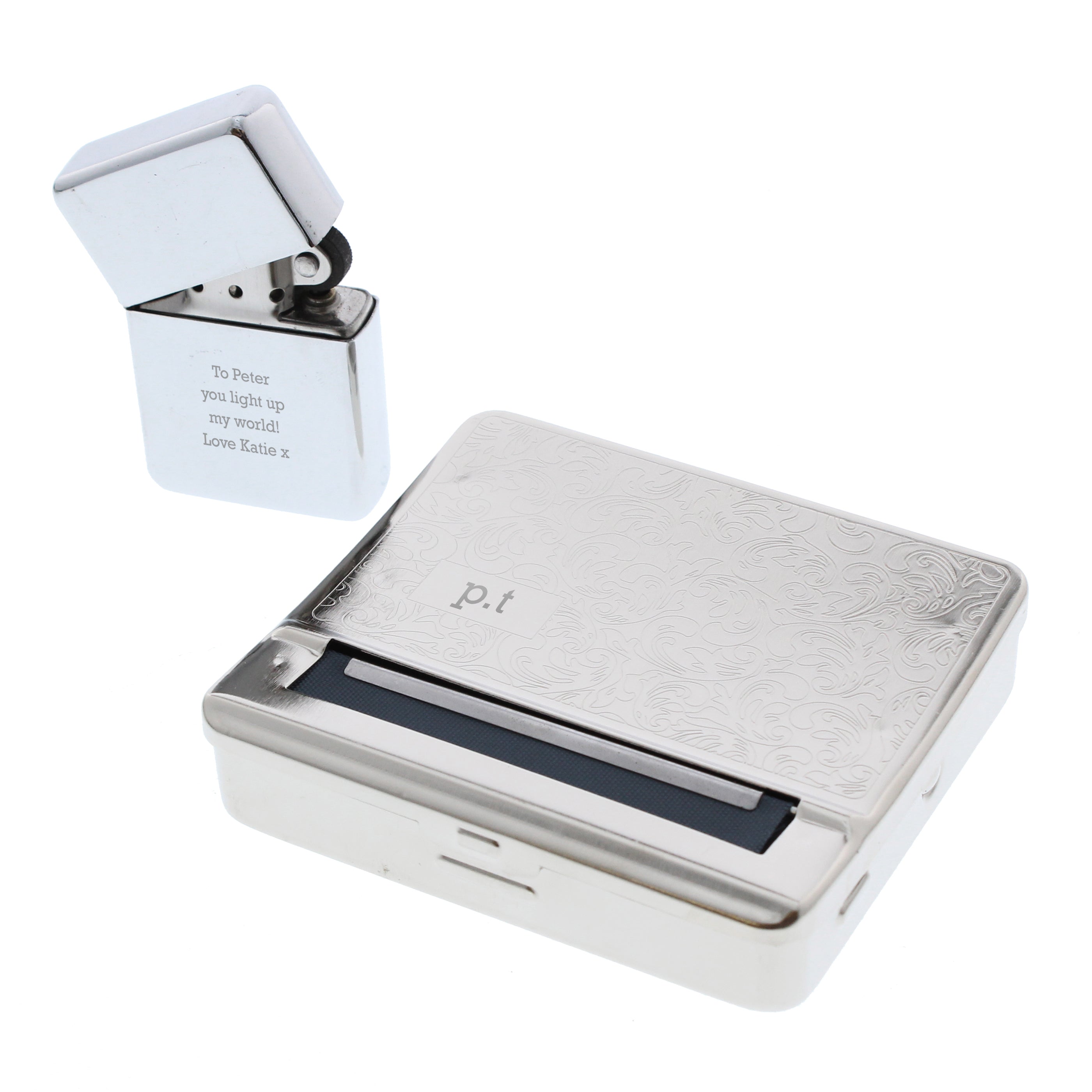 Personalised Tobacco Rolling Tin and Silver Lighter Set