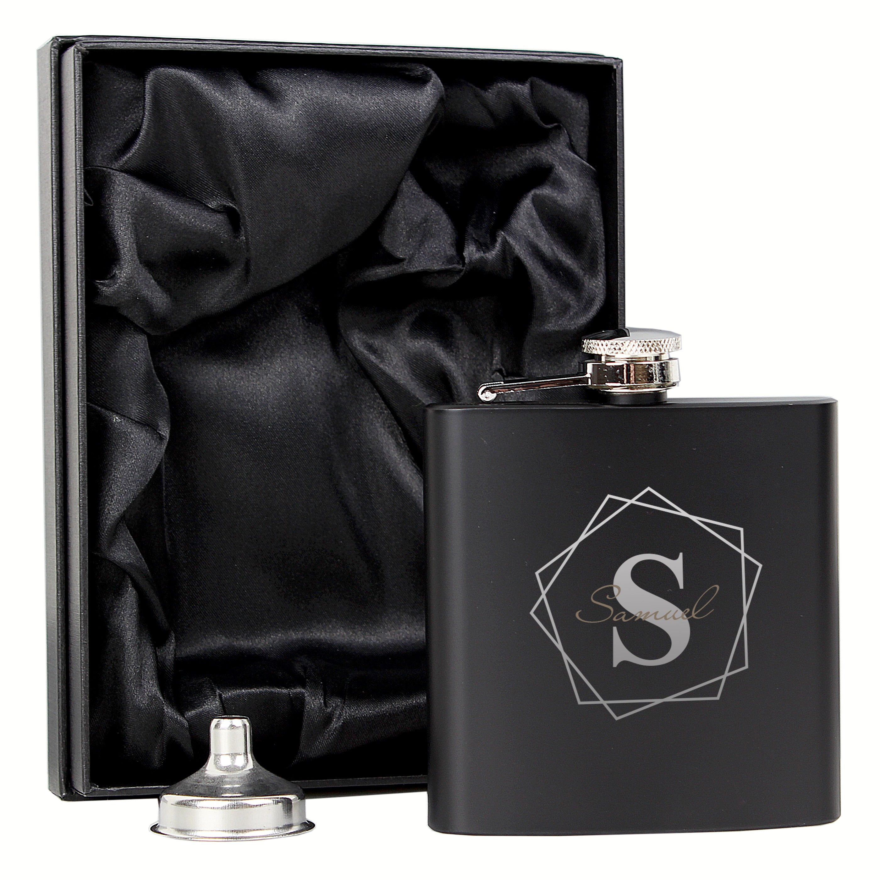 Personalised Geometric Initial Black Hip Flask