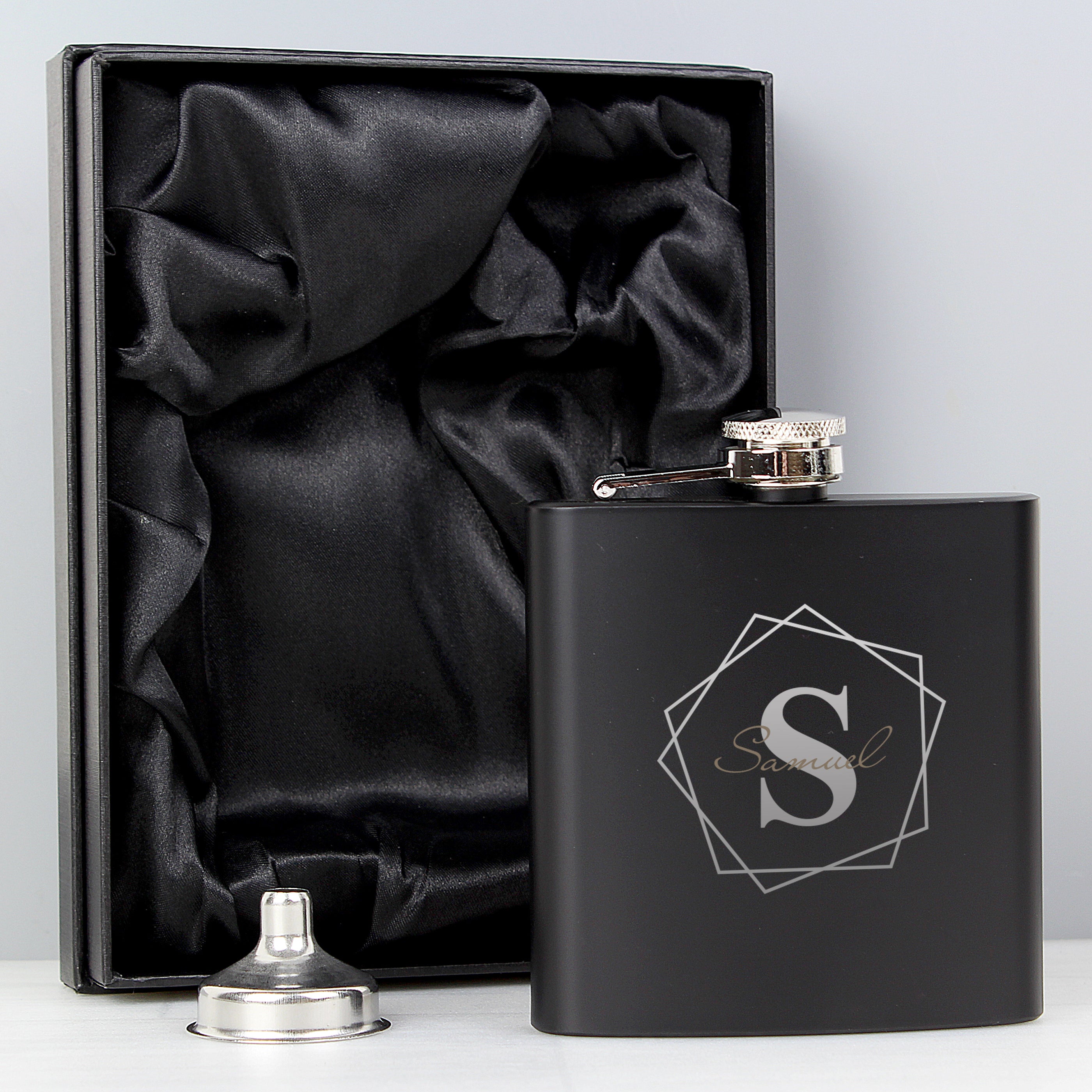 Personalised Geometric Initial Black Hip Flask