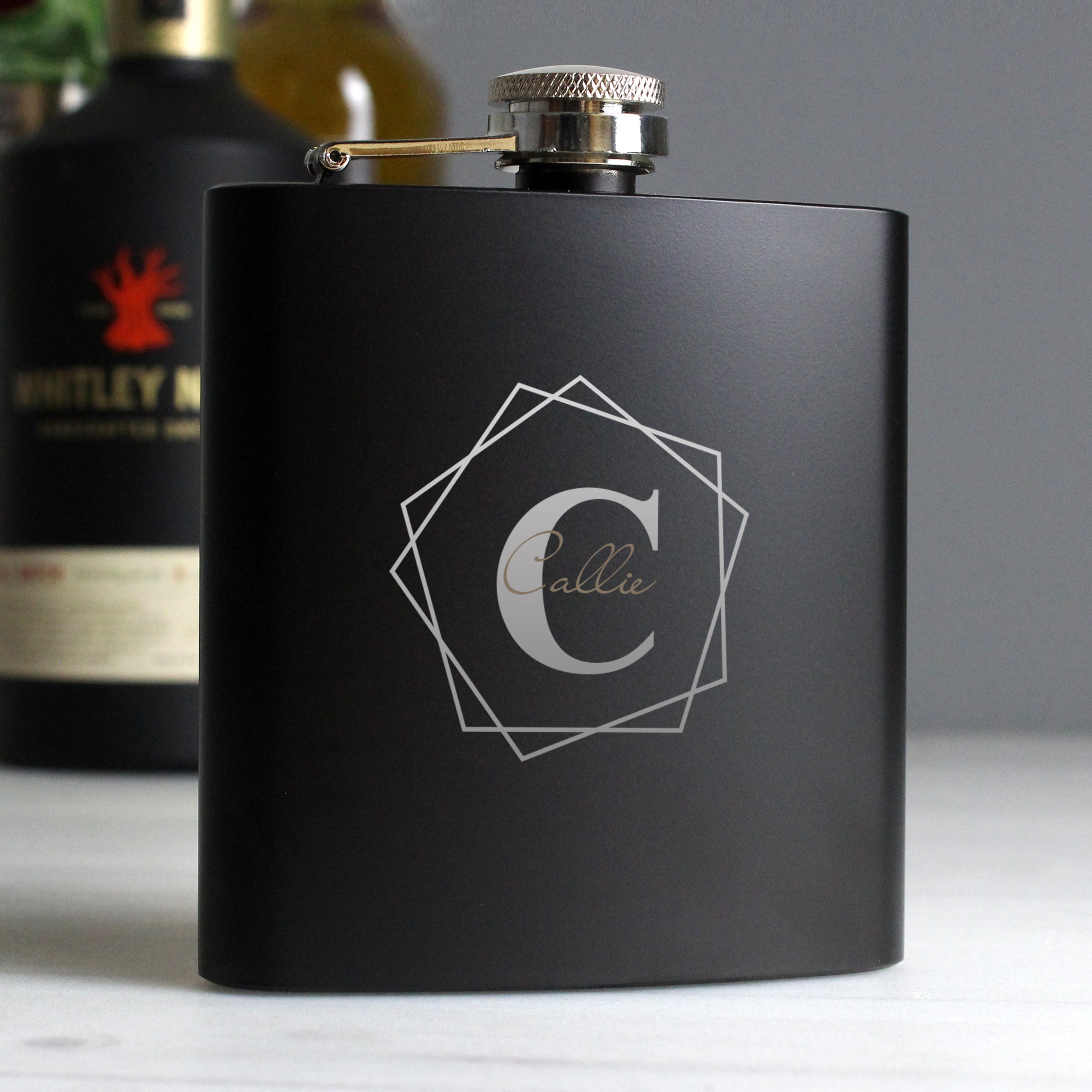 Personalised Geometric Initial Black Hip Flask