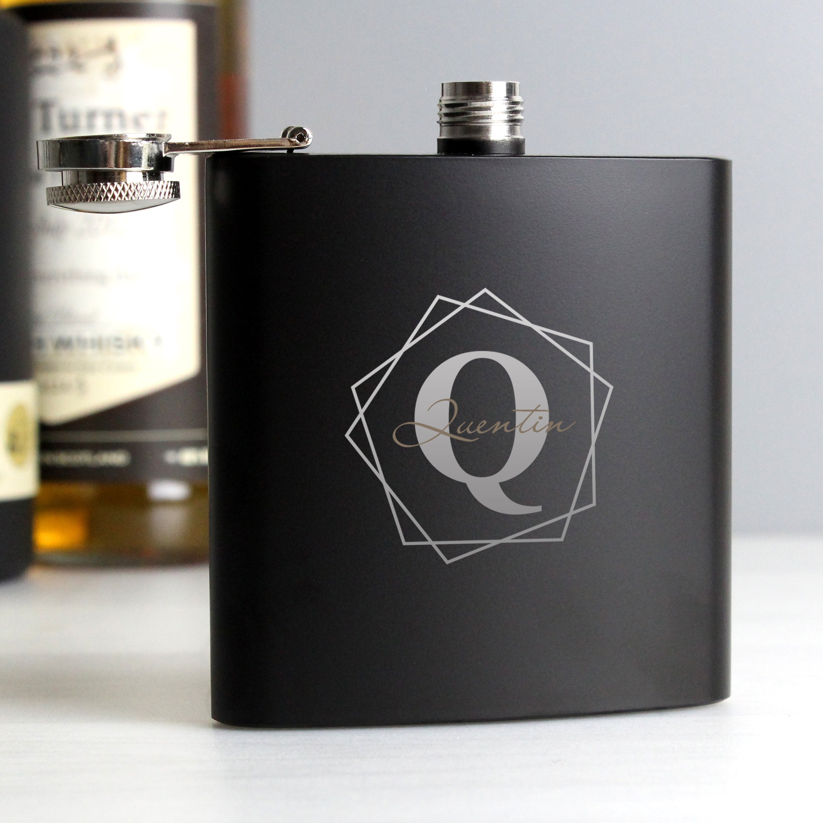 Personalised Geometric Initial Black Hip Flask