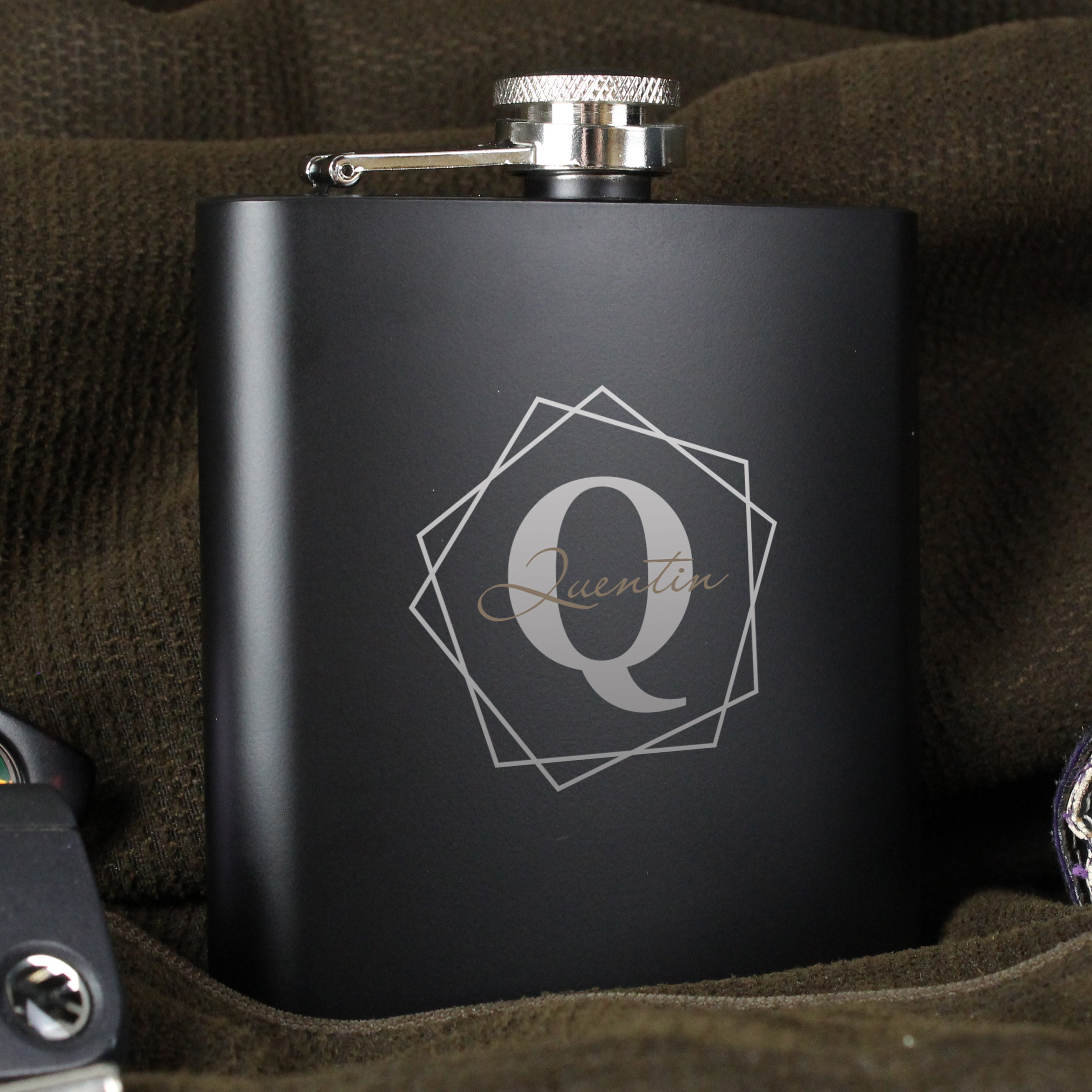 Personalised Geometric Initial Black Hip Flask