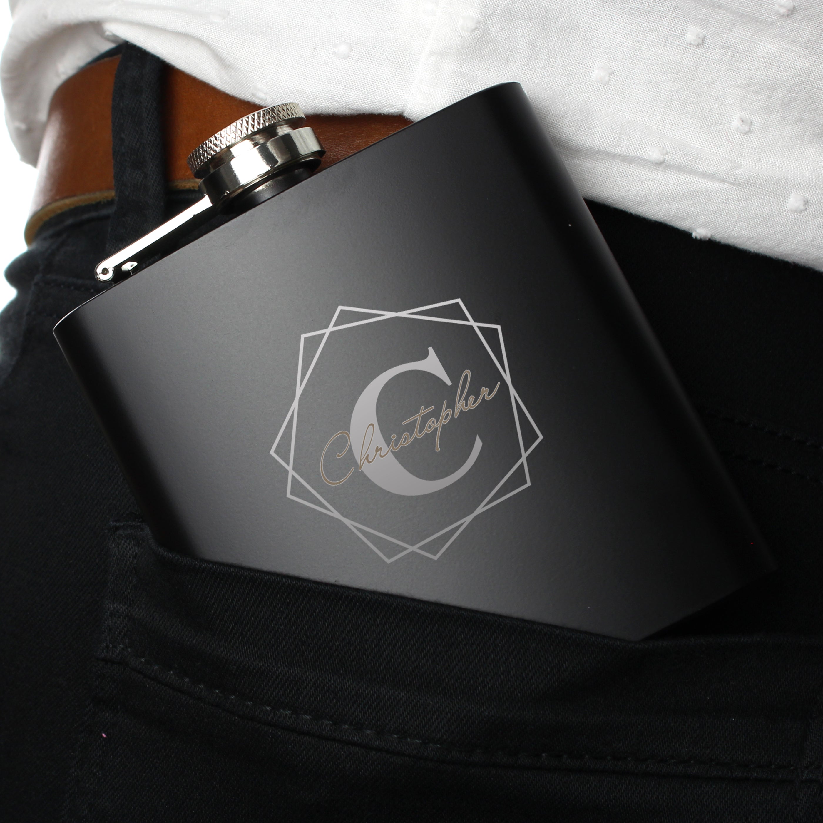 Personalised Geometric Initial Black Hip Flask