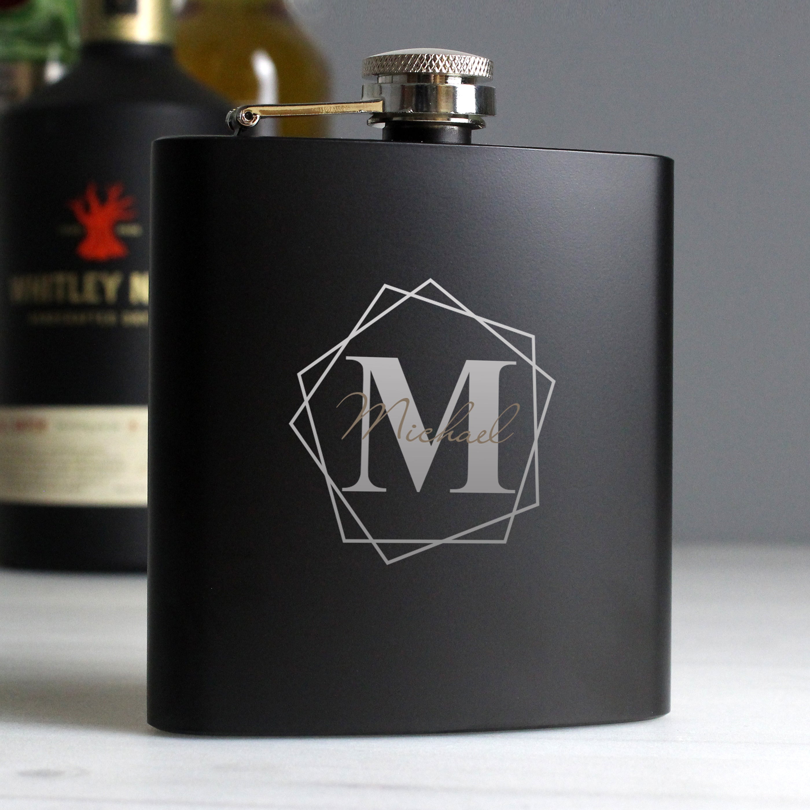 Personalised Geometric Initial Black Hip Flask