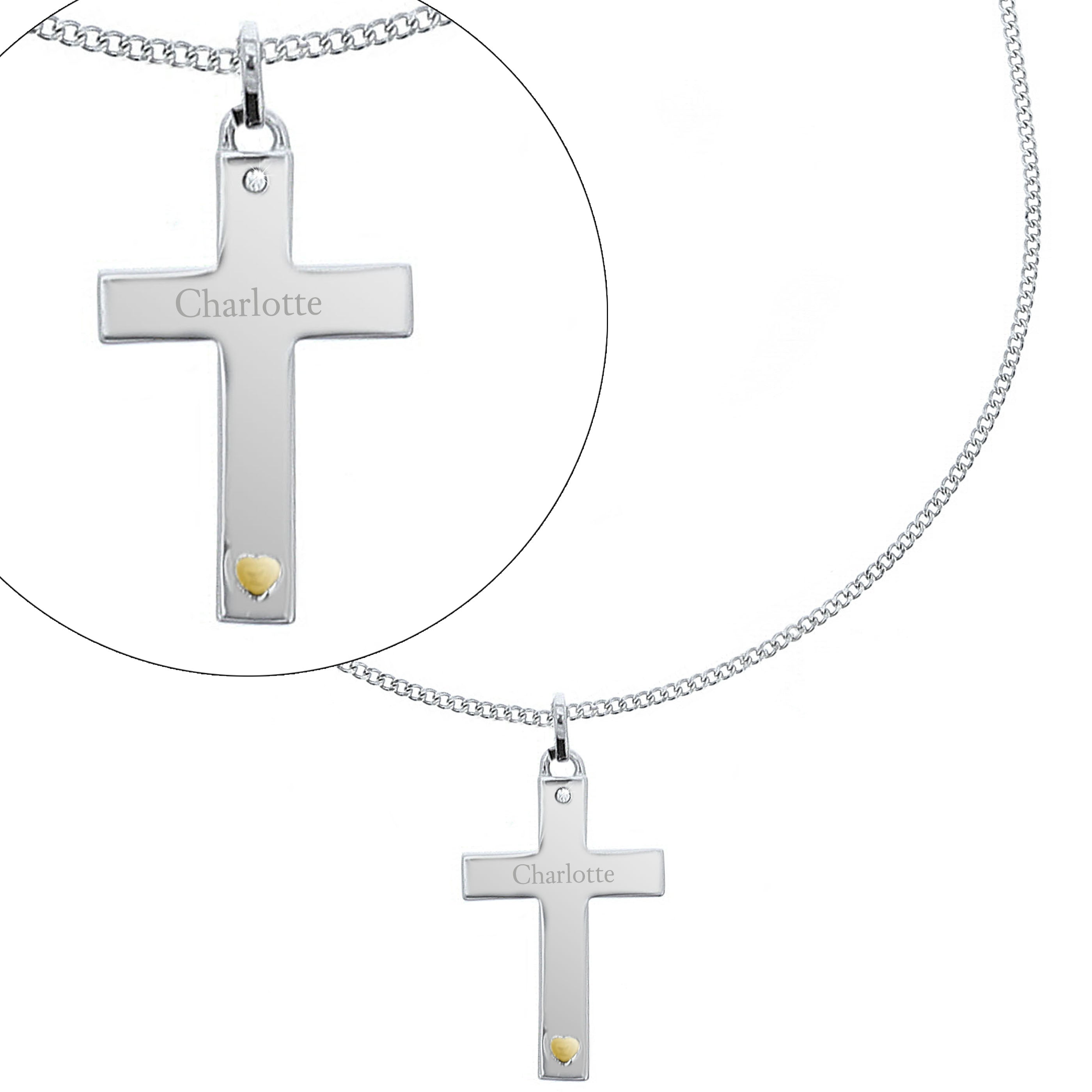 Personalised Sterling Silver Cross with 9ct Gold Heart & CZ Necklace