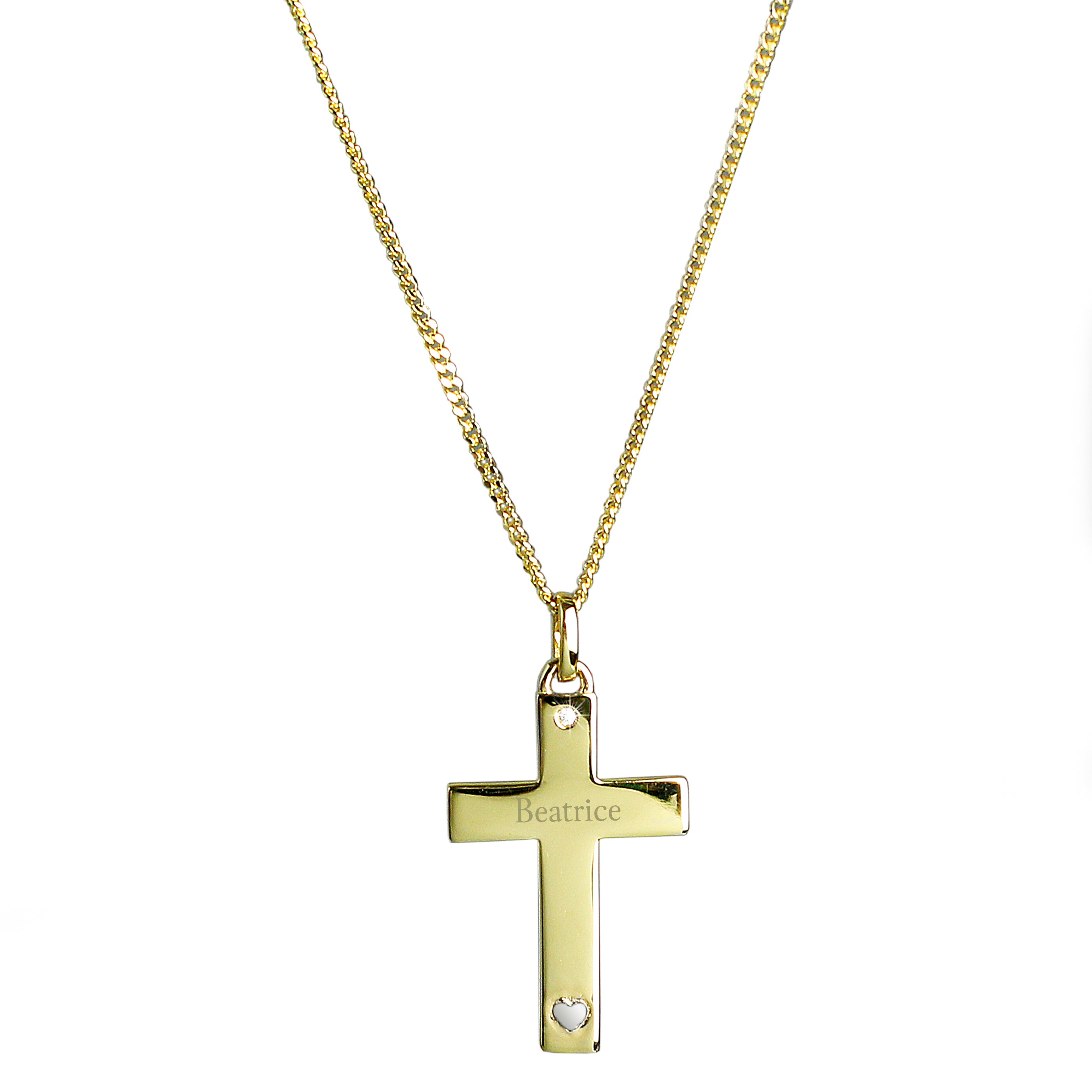 Personalised 9ct Gold Cross with Sterling Silver Heart & CZ Necklace