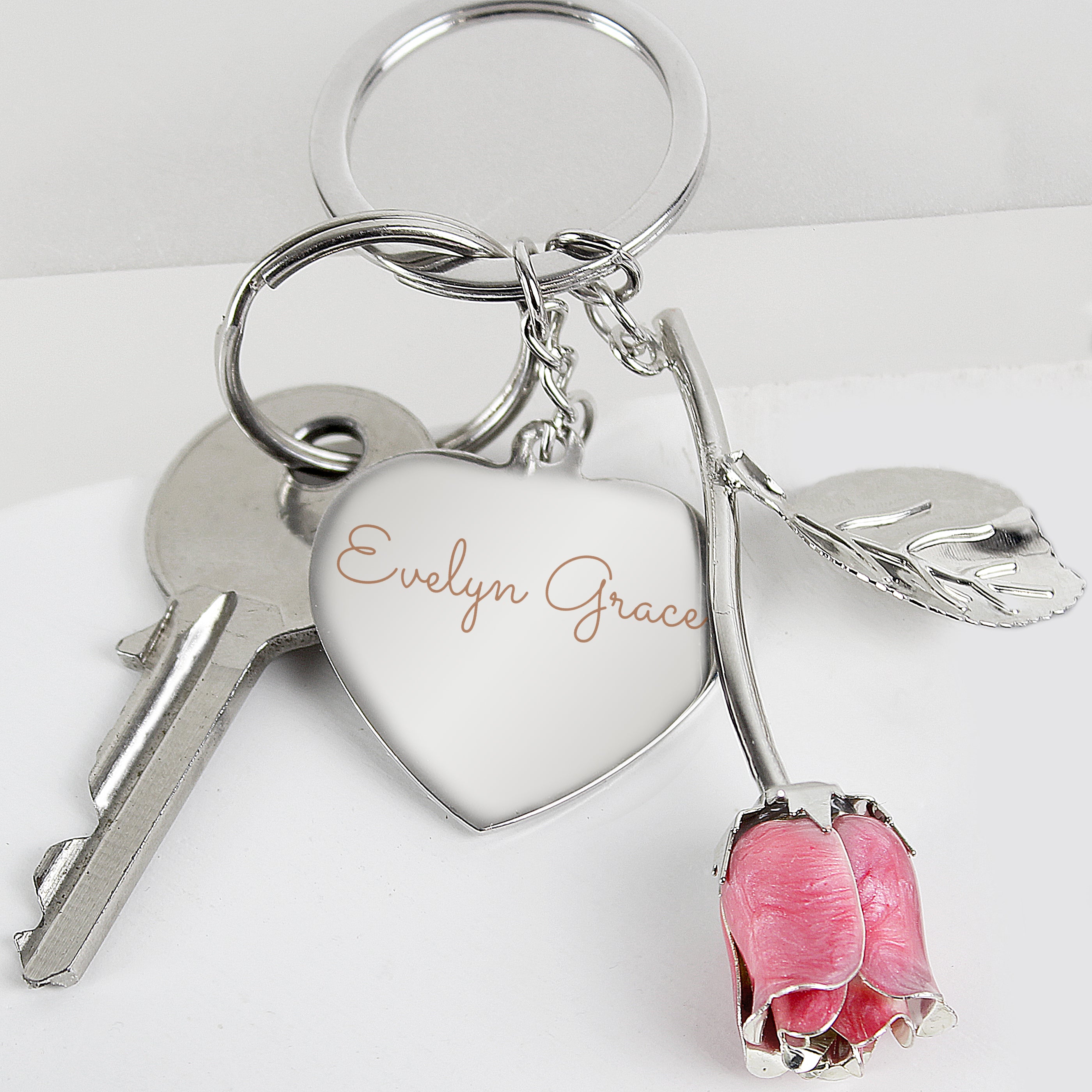 Personalised Silver Plated Name Pink Rose Keyring