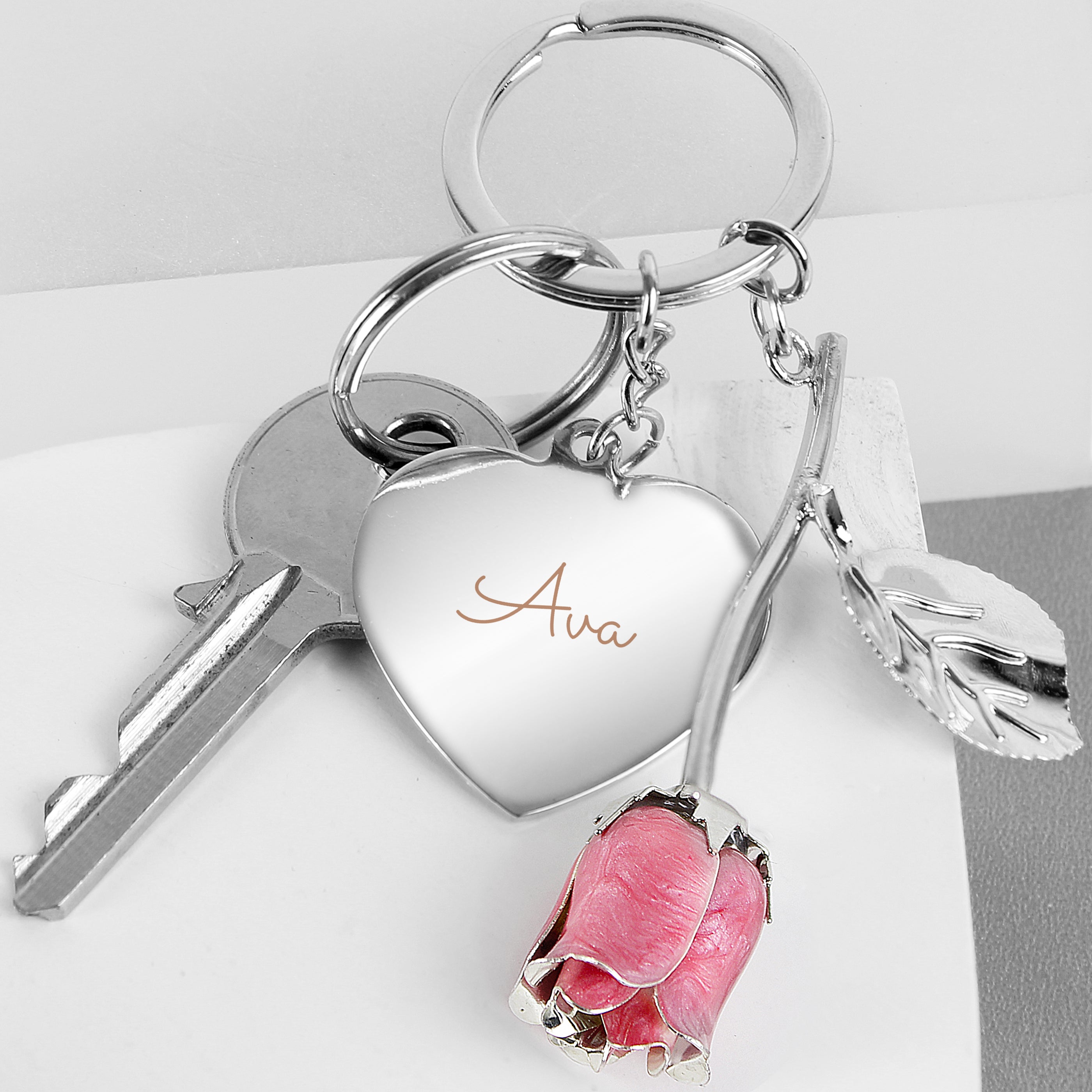 Personalised Silver Plated Name Pink Rose Keyring