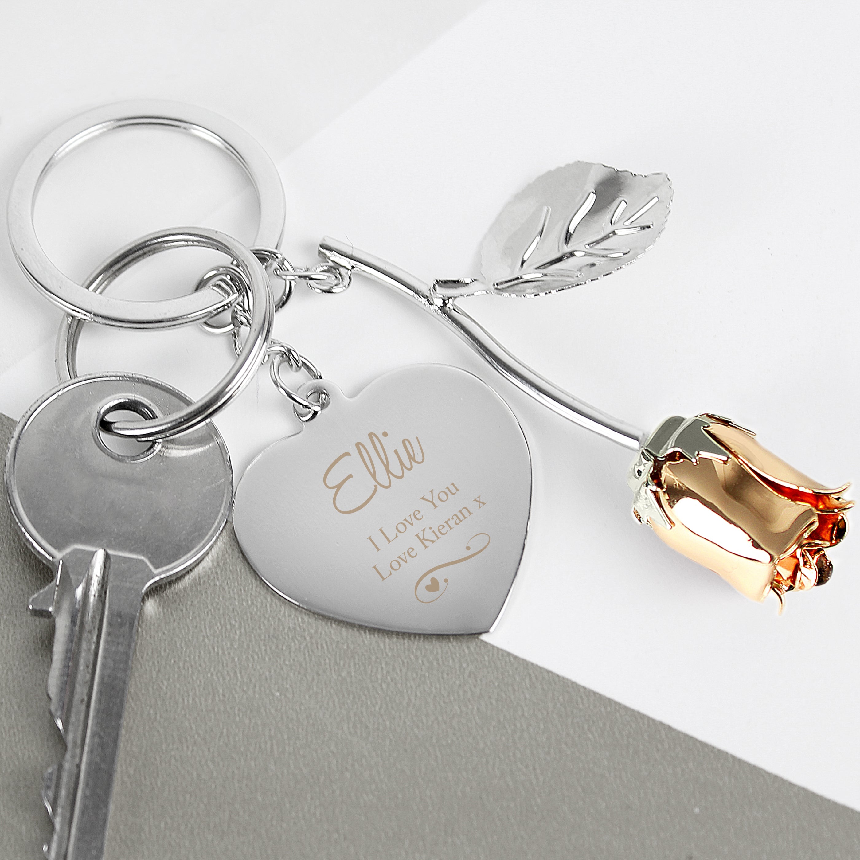 Personalised Silver Plated Swirls & Hearts Rose Gold Rose Keyring