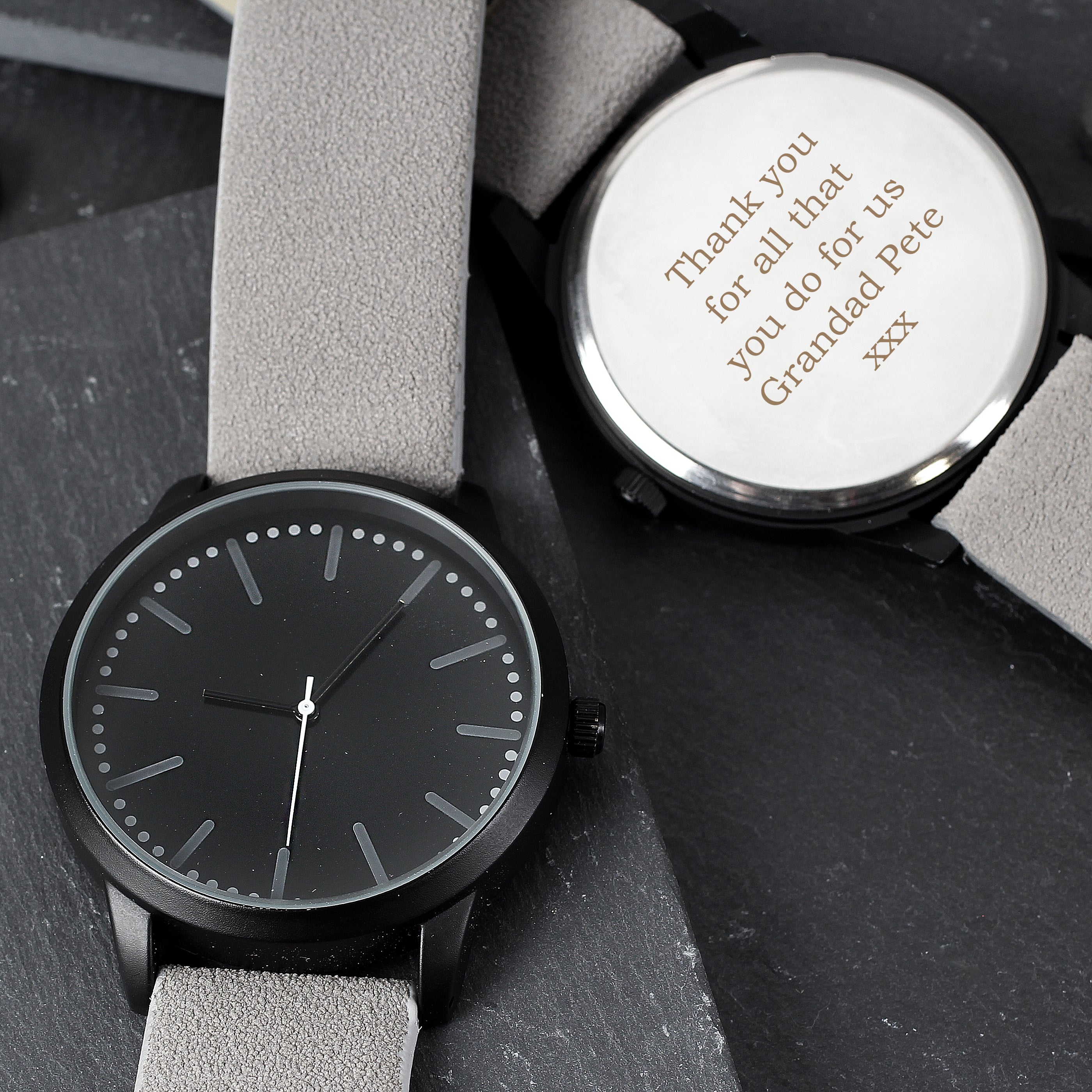 Personalised Mens Matte Black Watch with Grey Strap and Presentation Box