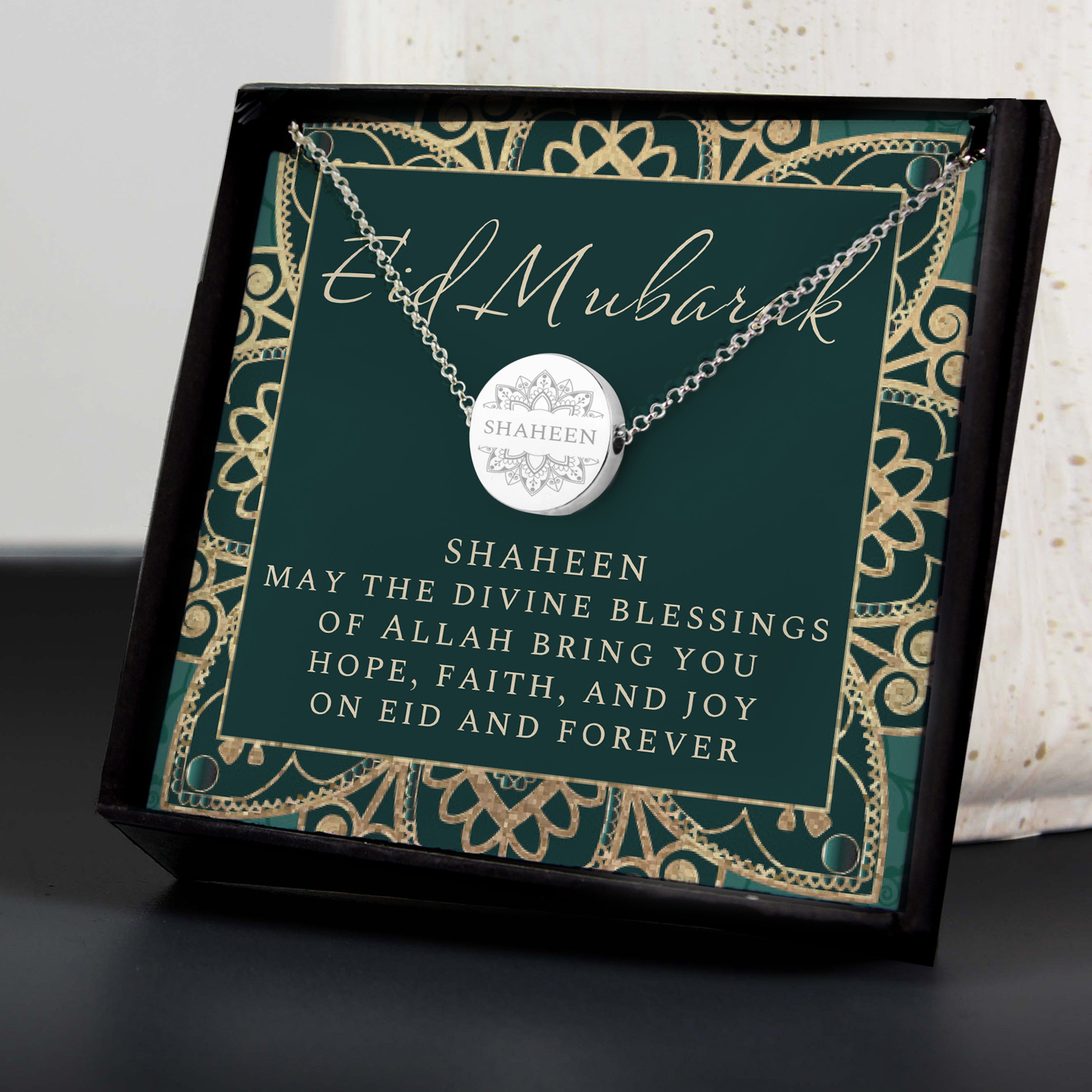 Personalised Sentiment Eid and Ramadan Disc Necklace and Box