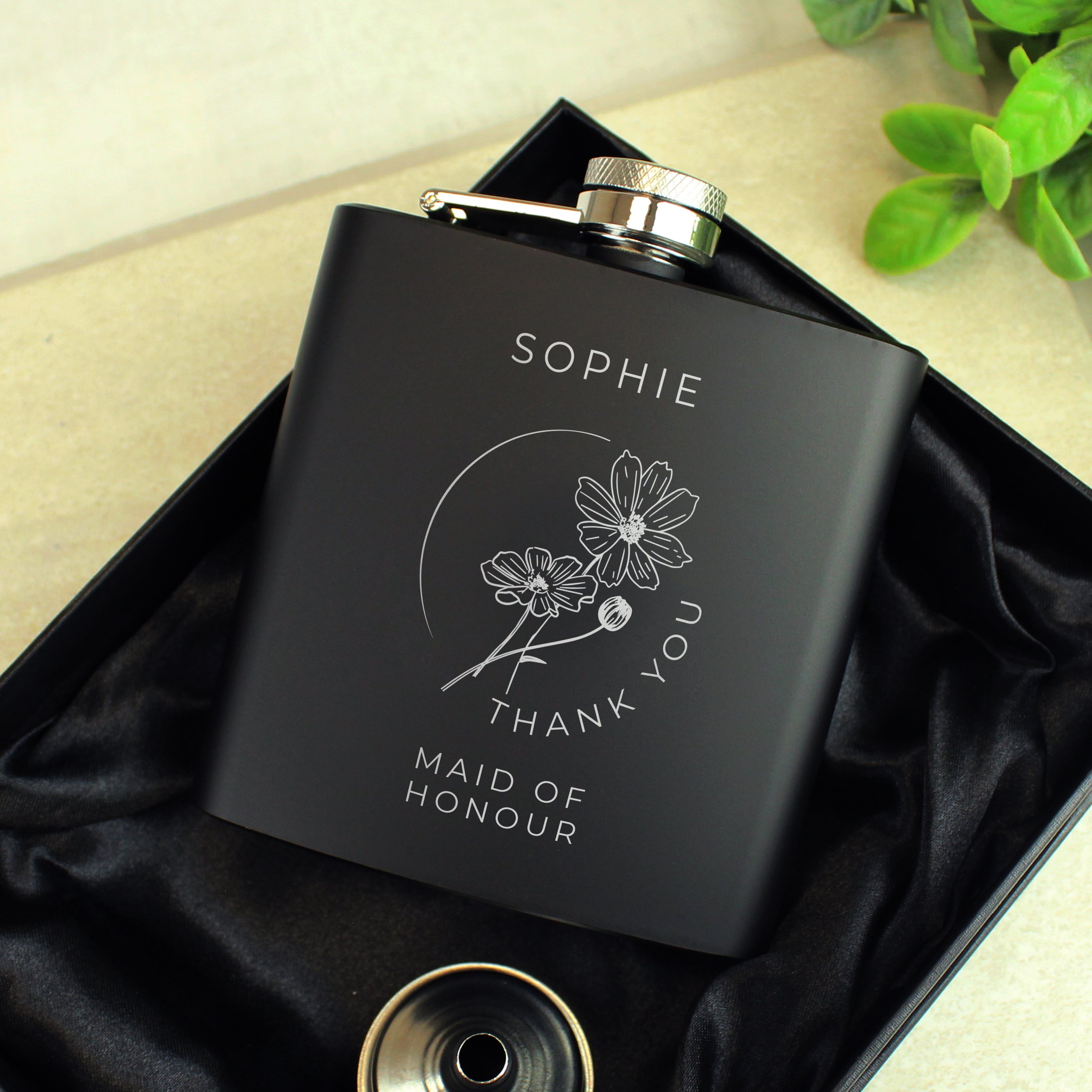 Personalised Monochrome Floral Wedding Party Black Hip Flask