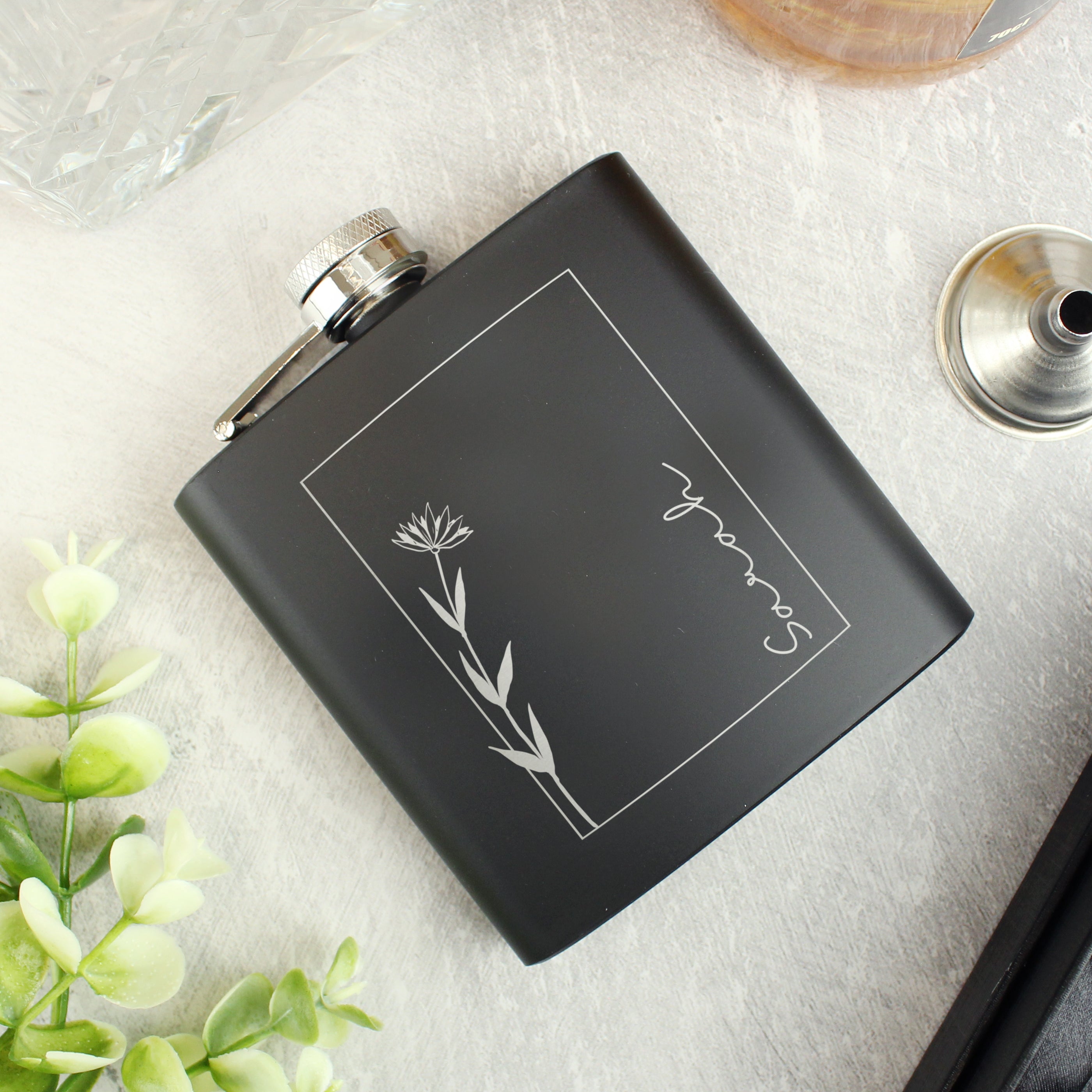 Personalised Monochrome Floral Name Black Hip Flask