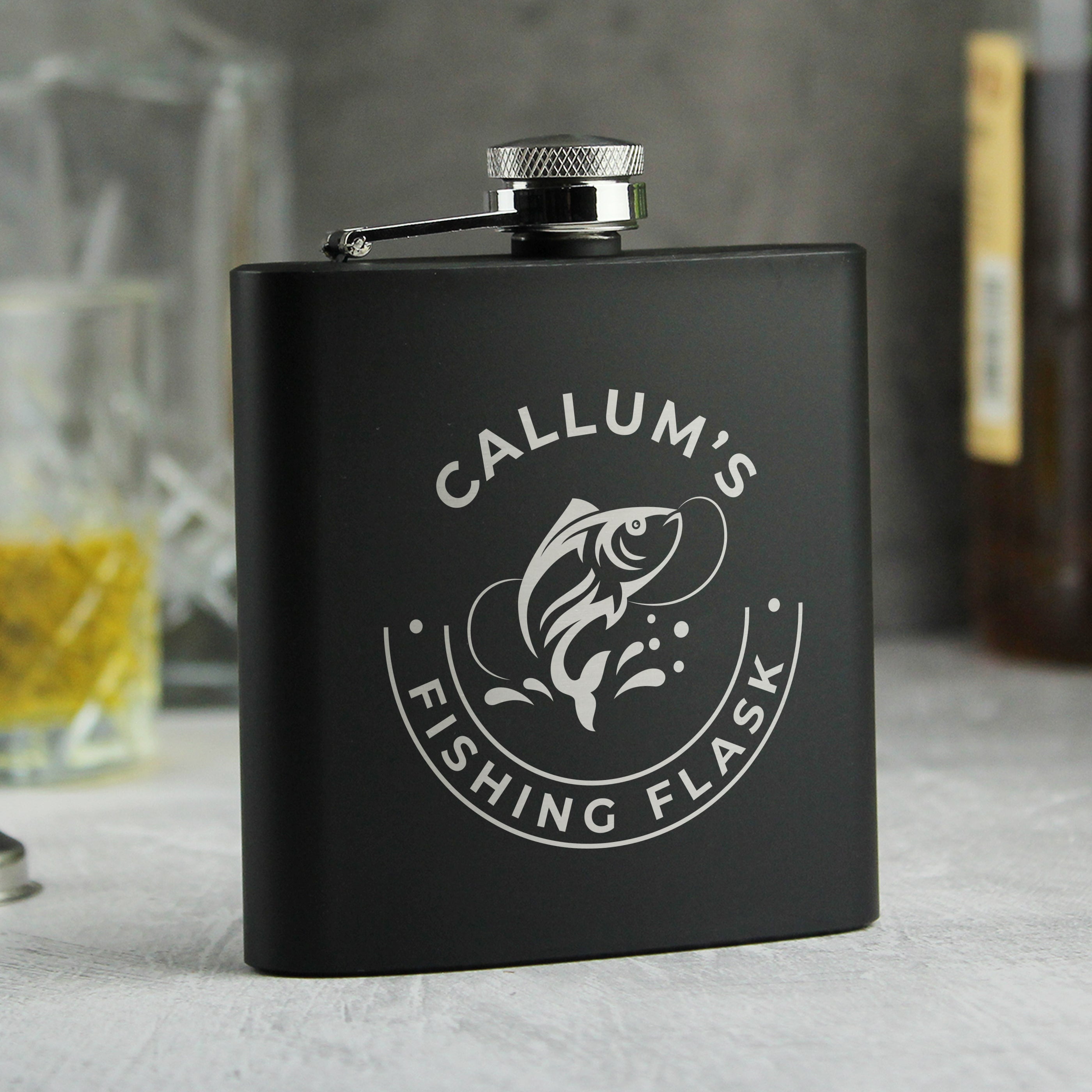 Personalised Fishing Black Hip Flask