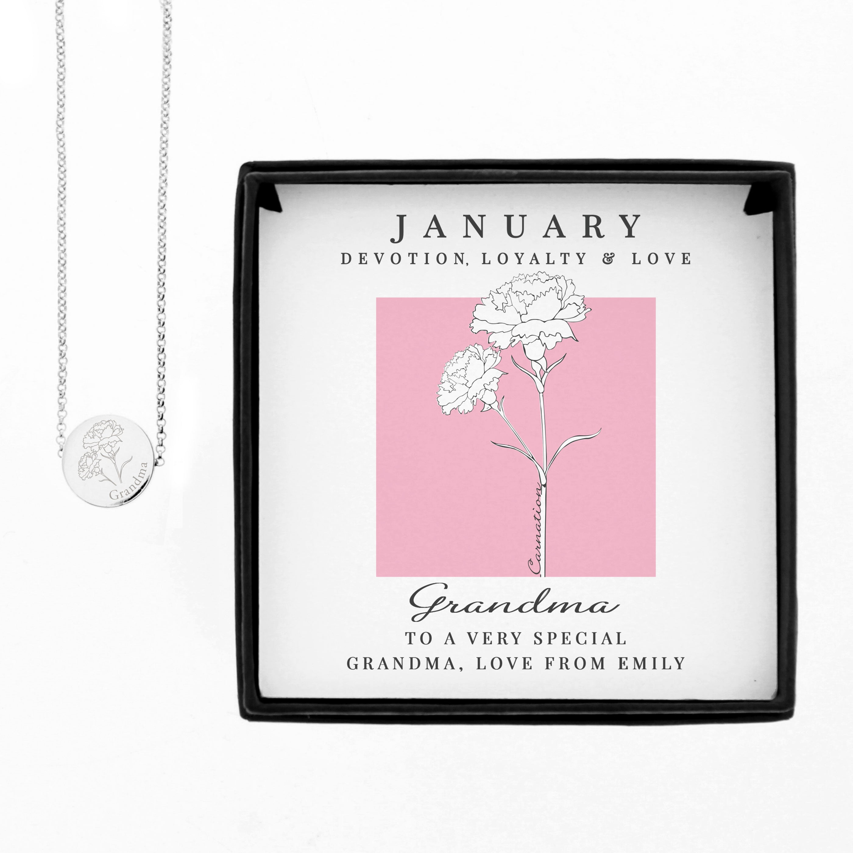 Personalised January Birth Flower Necklace and Box