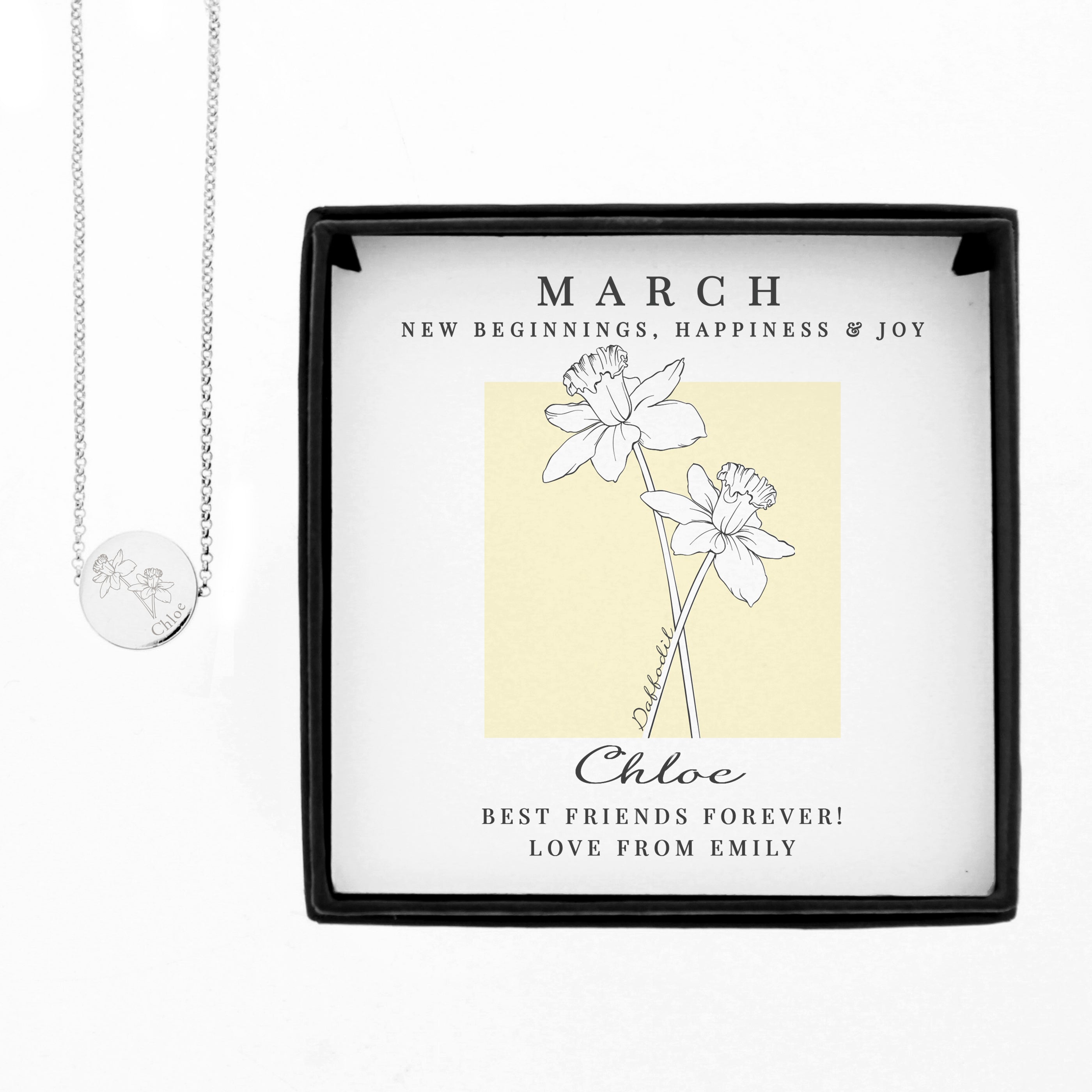 Personalised March Birth Flower Necklace and Box