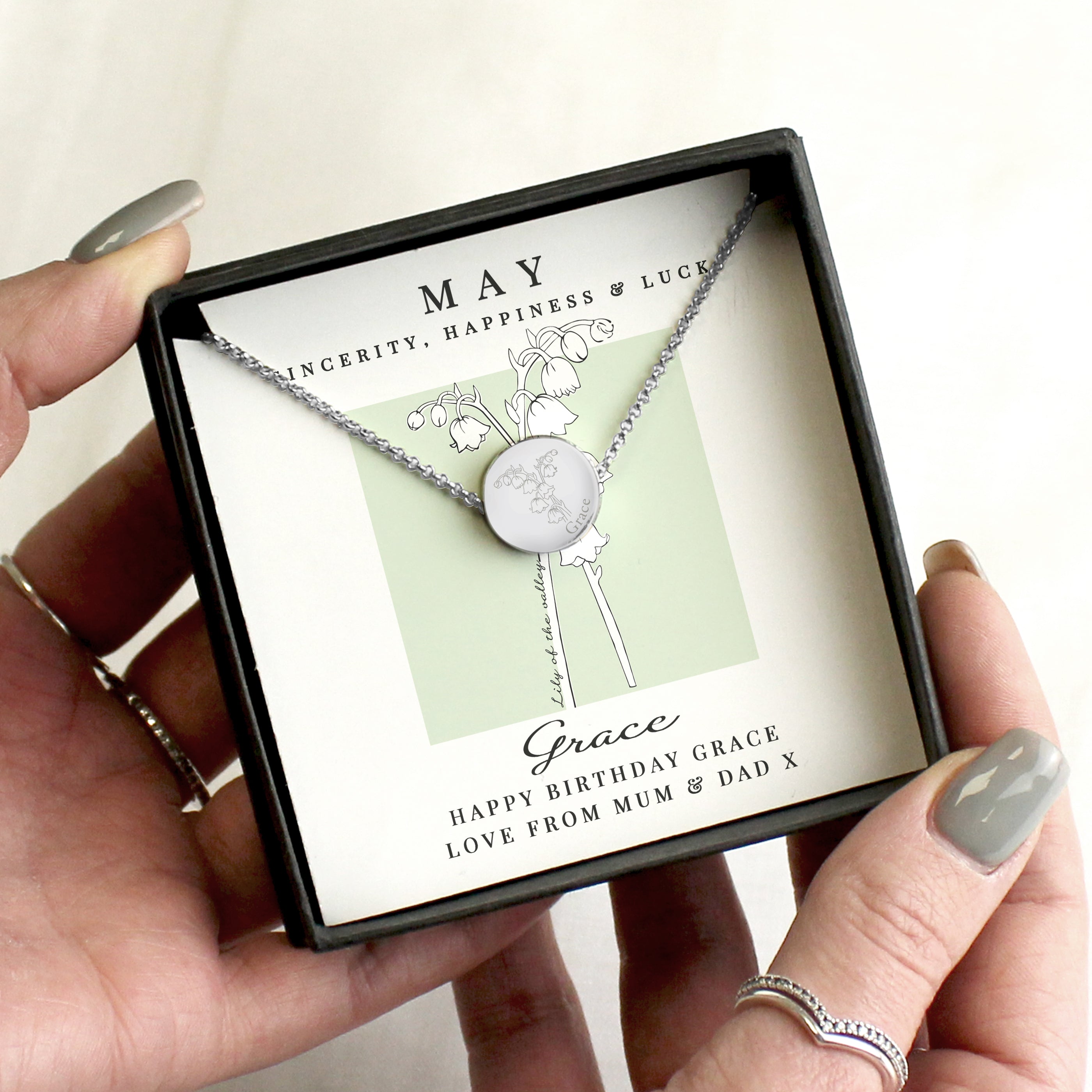 Personalised May Birth Flower Necklace and Box